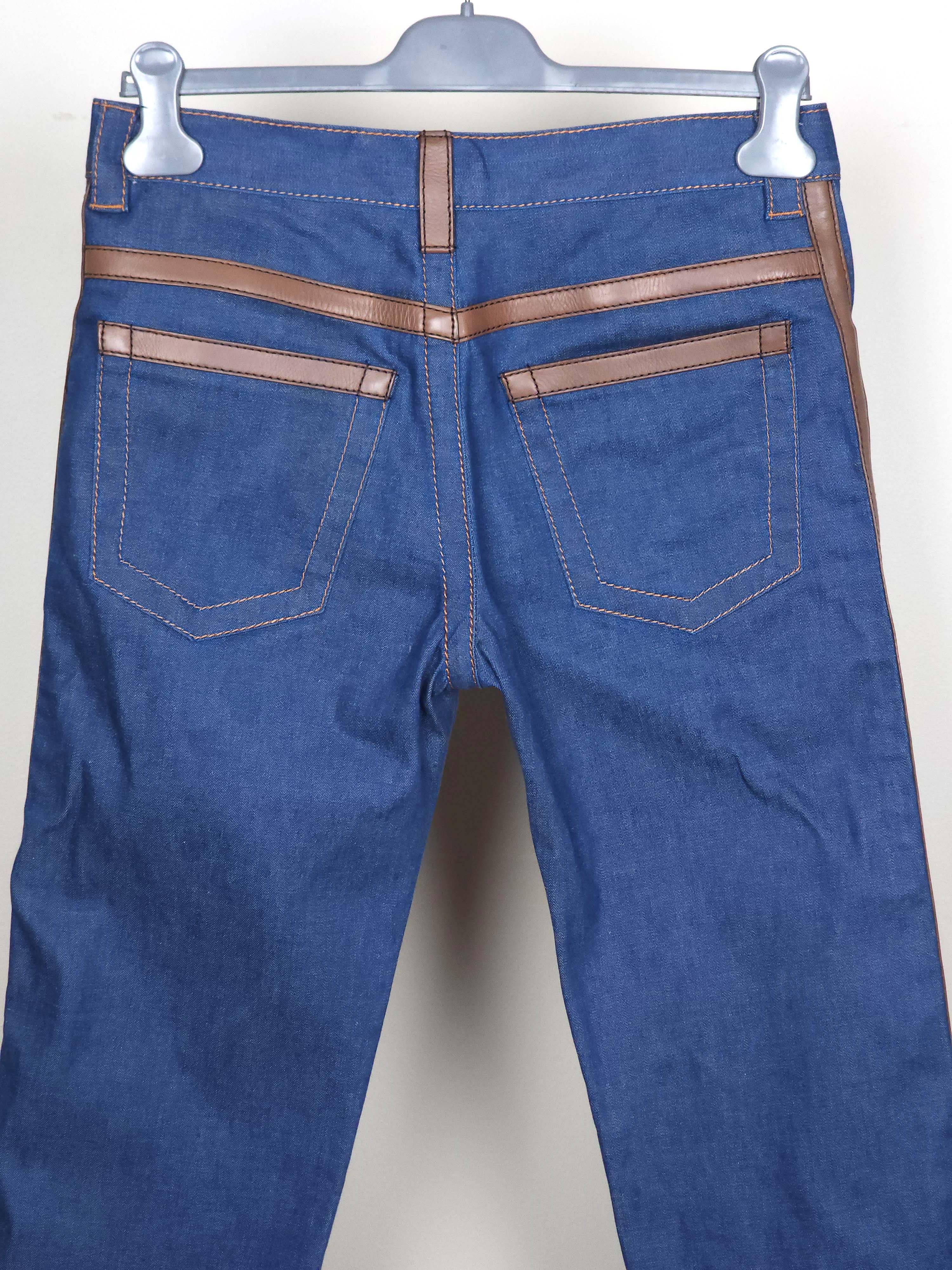 Prada S/S 2015 Unisex Brown Leather Trimmed Blue Jeans Pants Size US 31 - 6 Thumbnail