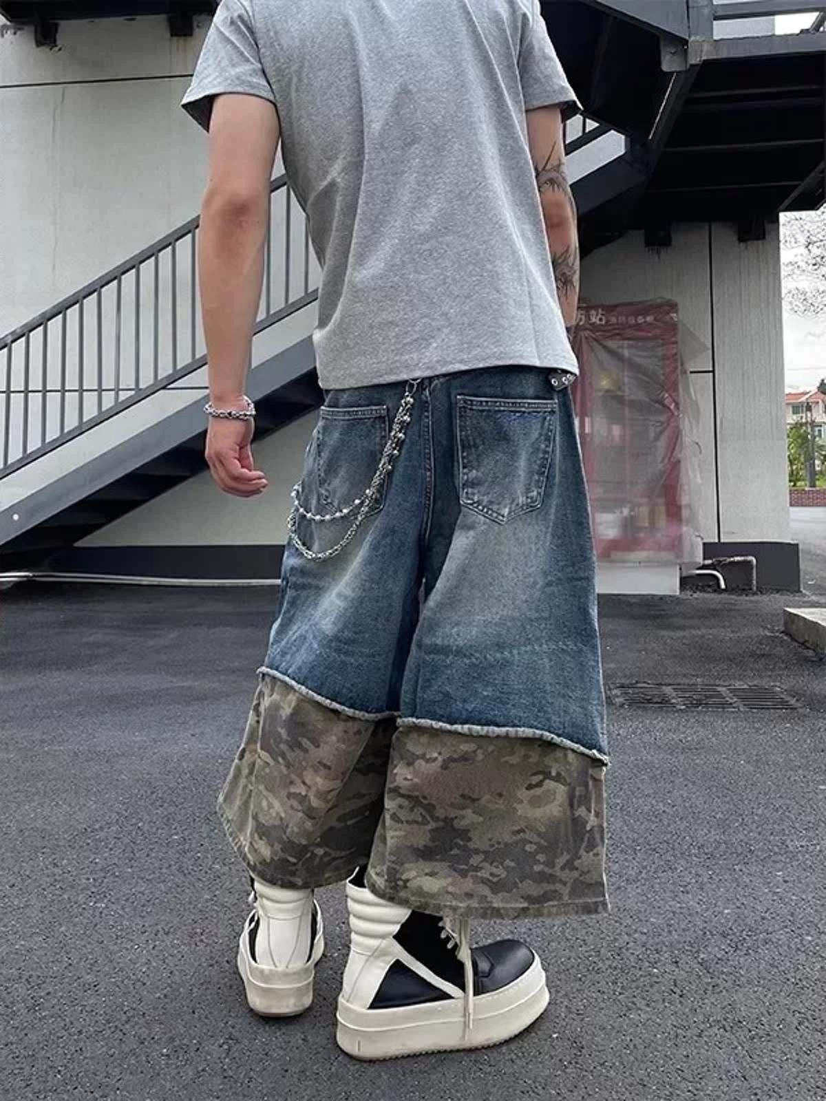 Jean Camo-Splice Distressed Wide-Leg Denim Jorts Size US 30 / EU 46 - 4 Thumbnail
