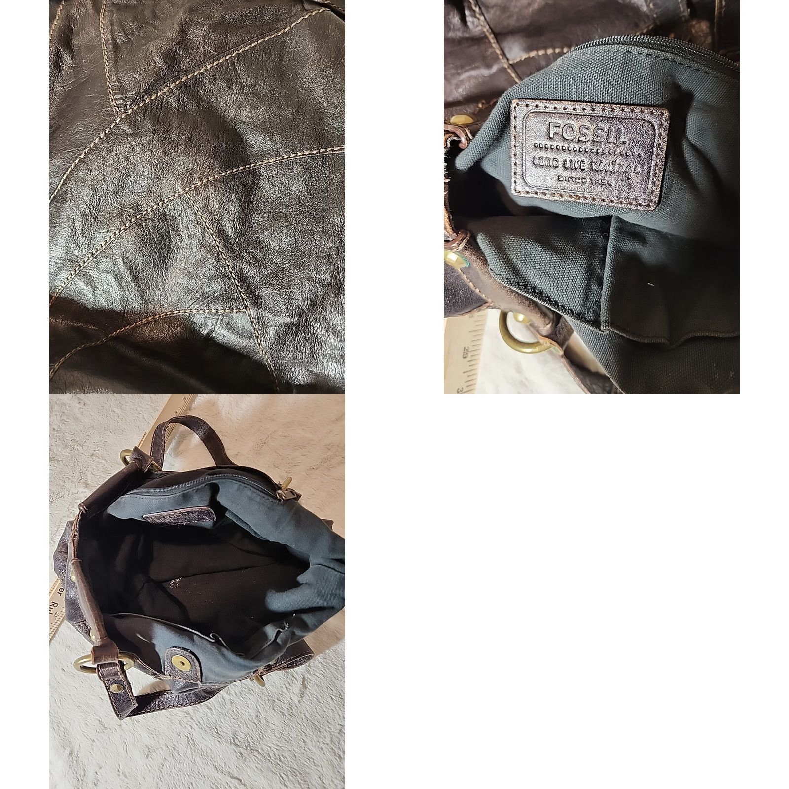 Fossil Fossil Handbag Hobo Bag Leather Patchwork Quilted Brown Large 23X13" Womens Vintage Bag Purse Size ONE SIZE - 8 Thumbnail