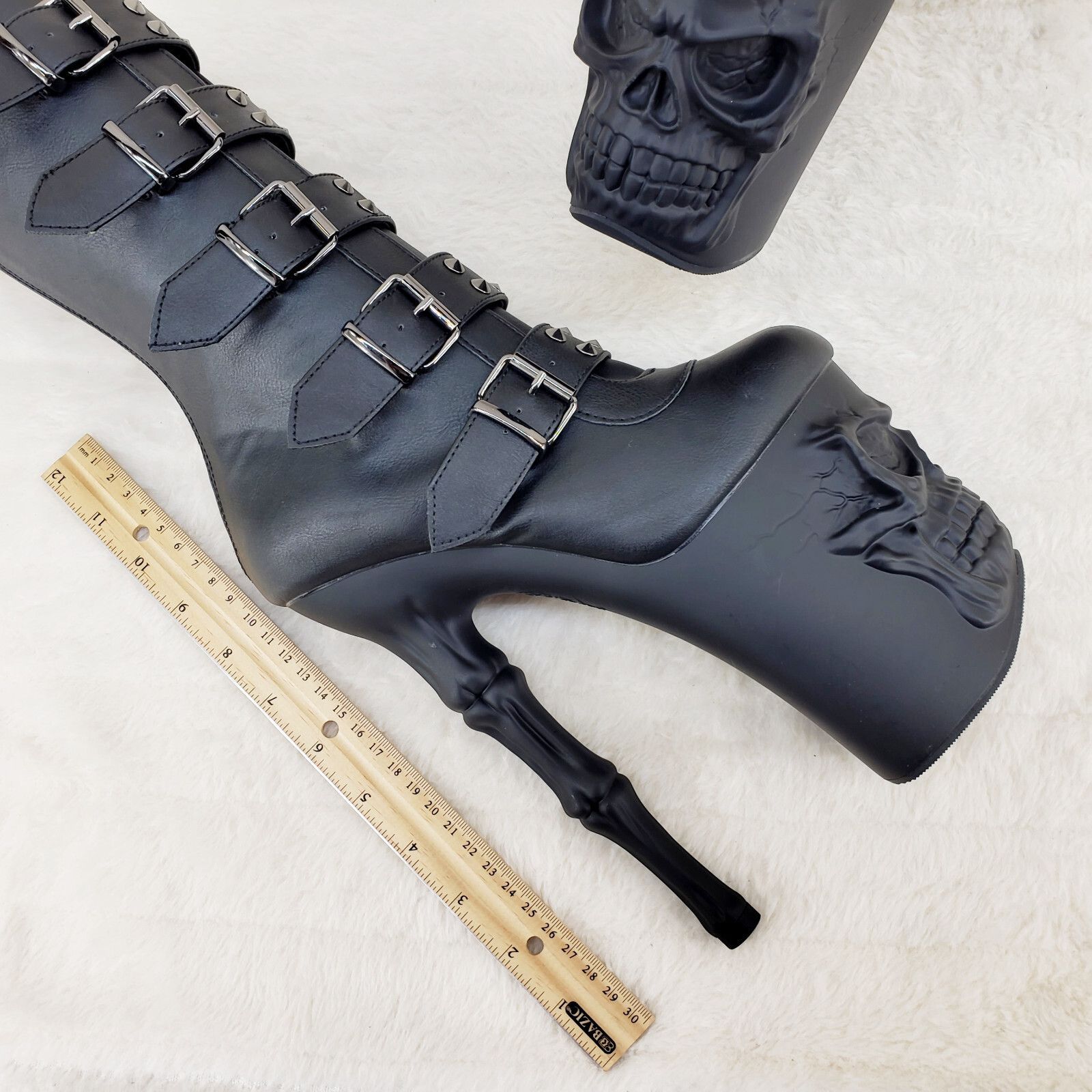 Other Rapture Black Matte Skull & Bones 8" High Heel Platform Boot Size US 9 / IT 39 - 6 Thumbnail