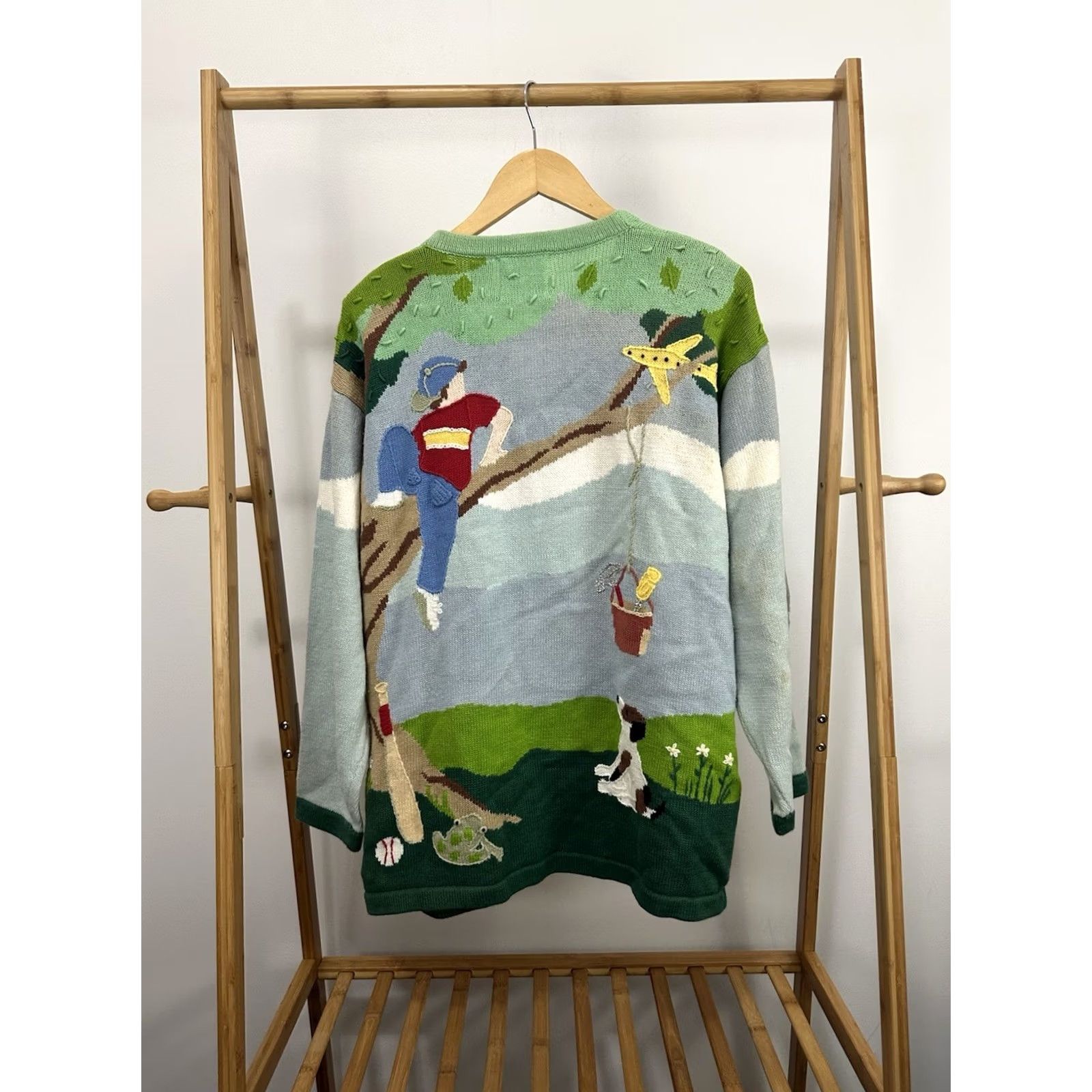 Vintage NWT VTG Storybook Knits Picnic Swing Park Tree AOP Kawaii Cardigan Sweater 1X Size XL / US 12-14 / IT 48-50 - 2 Thumbnail