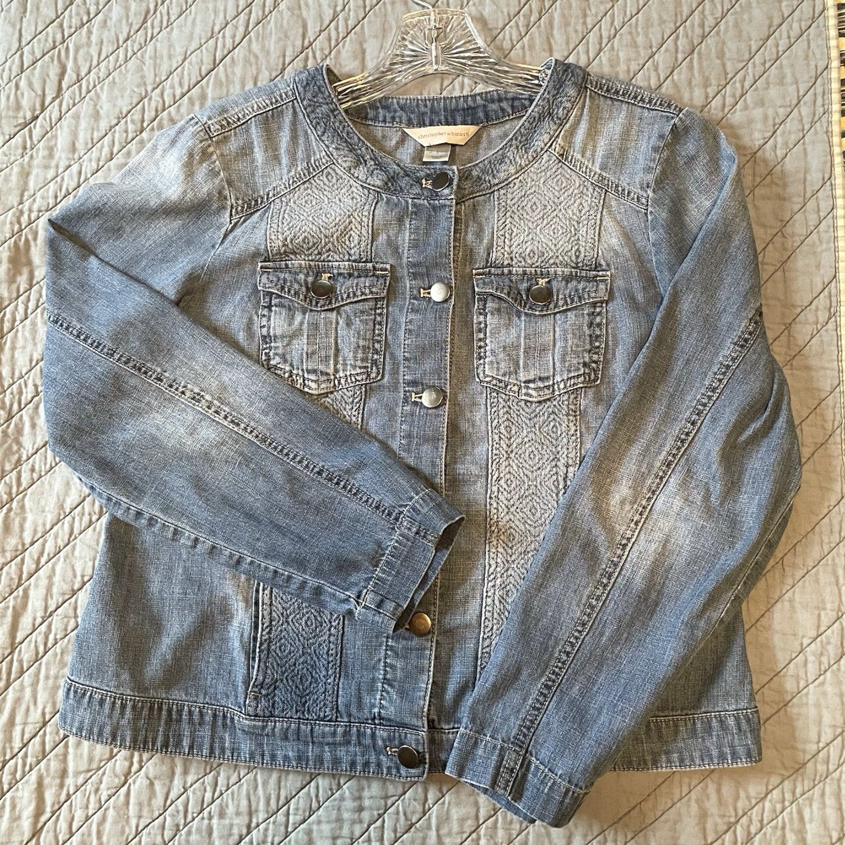 Vintage VINTAGE Christopher & Banks Denim Jean Jacket Women’s L Jacquard Blue Pockets Boho Jacket Mens? Wait. Size 36" / US 14 / IT 50 - 4 Thumbnail