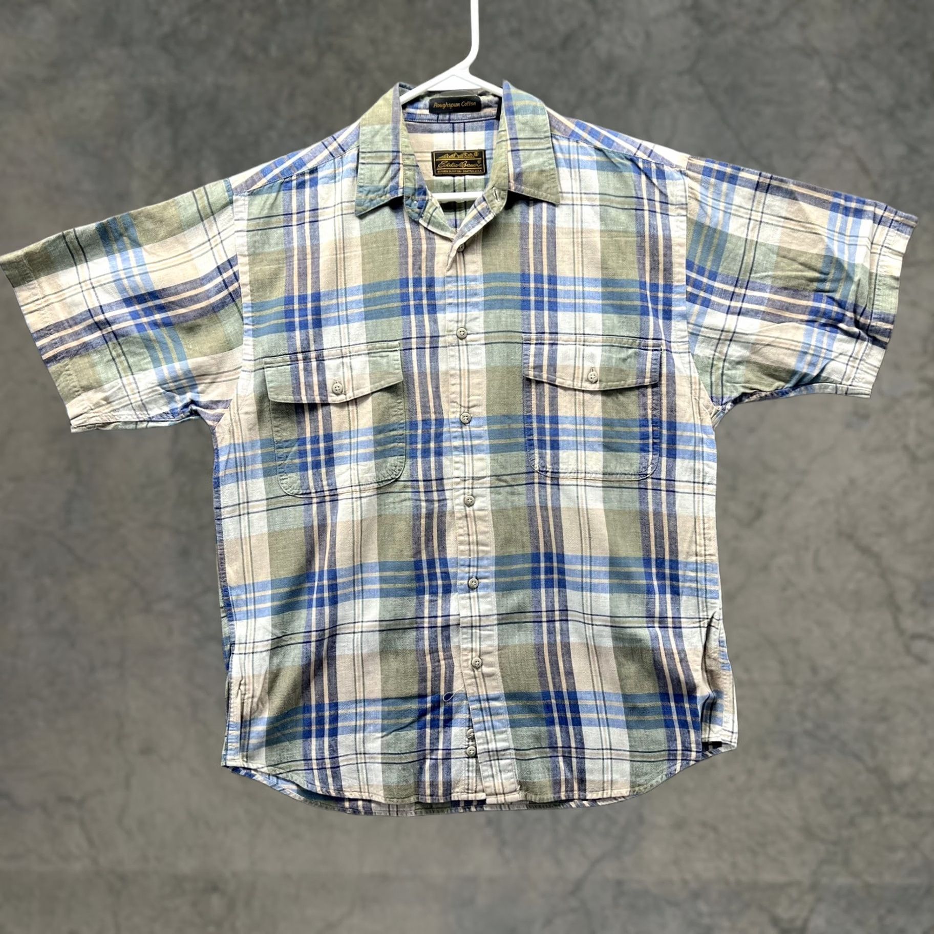 Eddie Bauer VINTAGE Eddie Bauer Shirt Mens M Green Blue Plaid Roughspun Cotton Short Sleeve Size US M / EU 48-50 / 2 - 1 Thumbnail