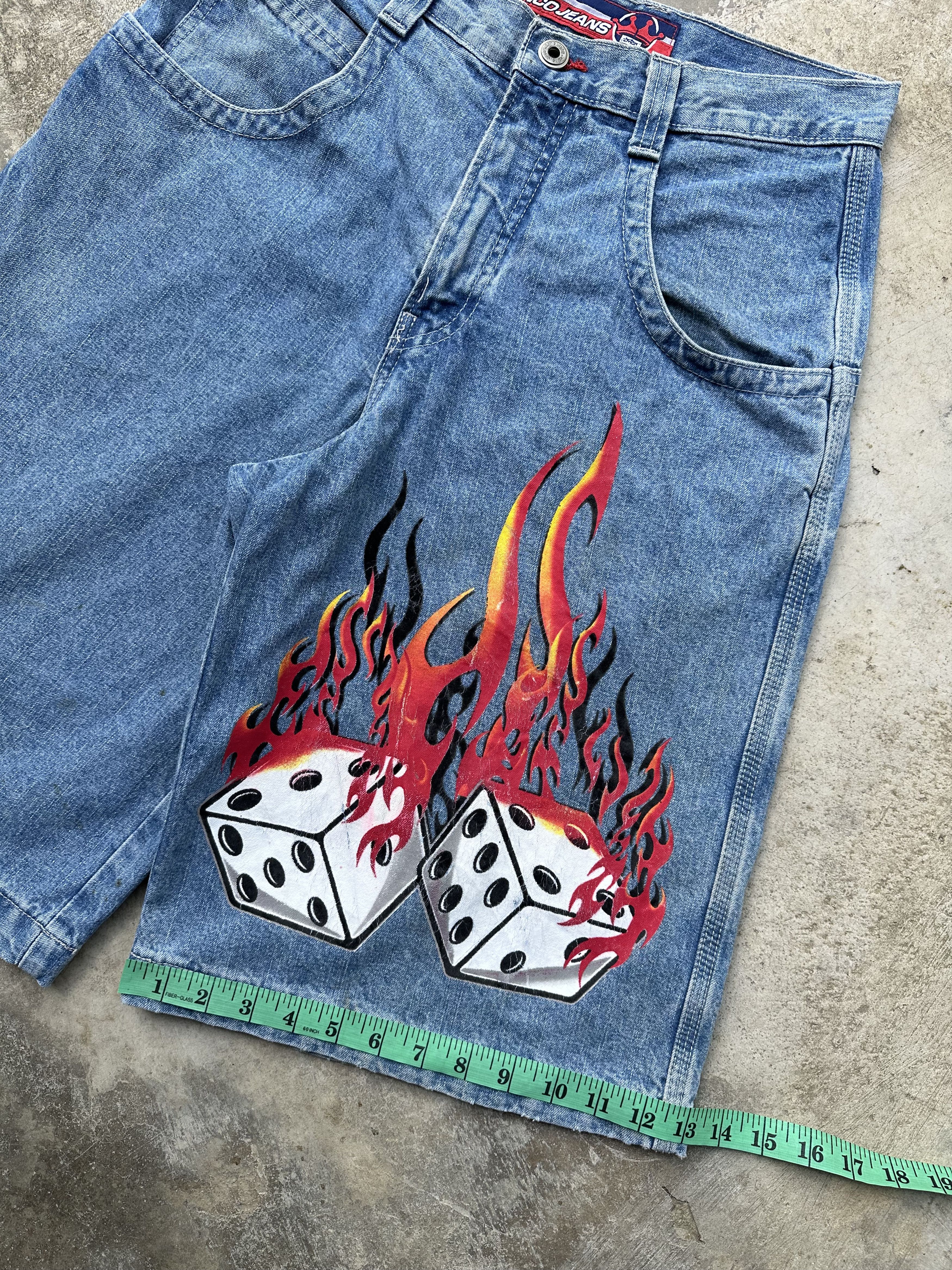 JNCO × Vintage 🔥🔥🔥 90s CRAZY SICK JNCO FLAMING DICE JEANS SHORT JORTS Size US 30 / EU 46 - 13 Thumbnail