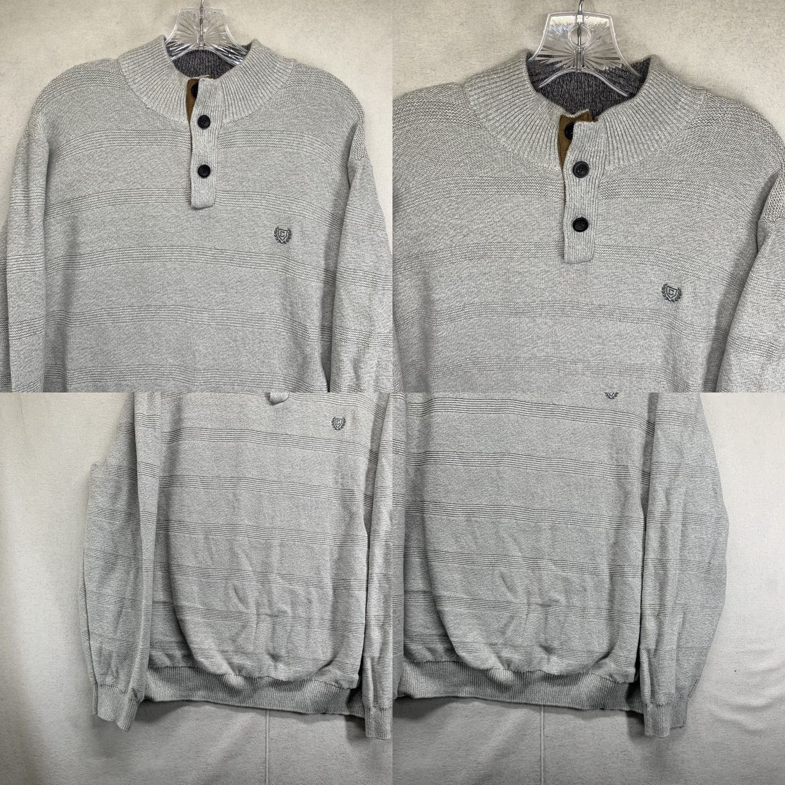 Chaps Chaps 2XL Men's Cotton Sweater Light Gray Striped Mock Neck Henley, Heavyweight, Breathable, Casual, 90s Preppy Size US XXL / EU 58 / 5 - 8 Thumbnail