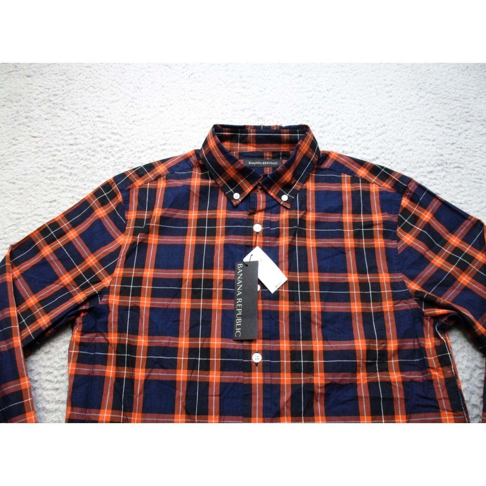 Banana Republic Banana Republic Mens Small Slim Fit Navy Orange Plaid Button-Up Shirt Organic Cotton Size US S / EU 44-46 / 1 - 2 Thumbnail