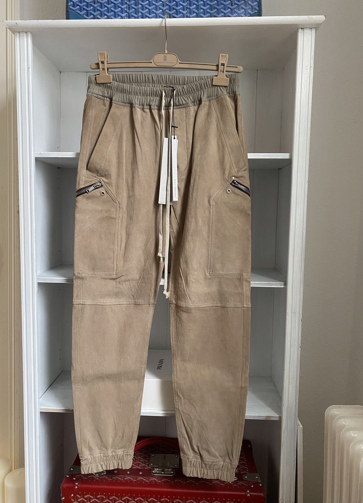 image of 2000$ Leather Rick Owens Cargo Jogger Fw20 Performa Goat in Mud, Men's (Size 31)