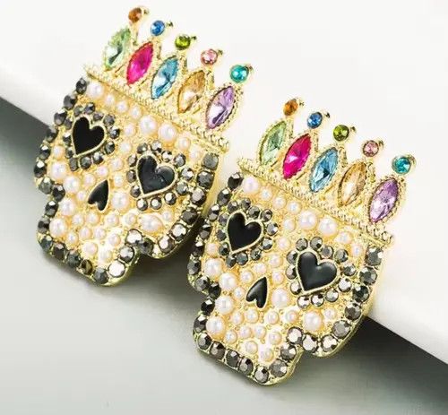 Vintage Halloween Skull Skeleton Women's Rhinestone Earrings Size ONE SIZE - 4 Thumbnail