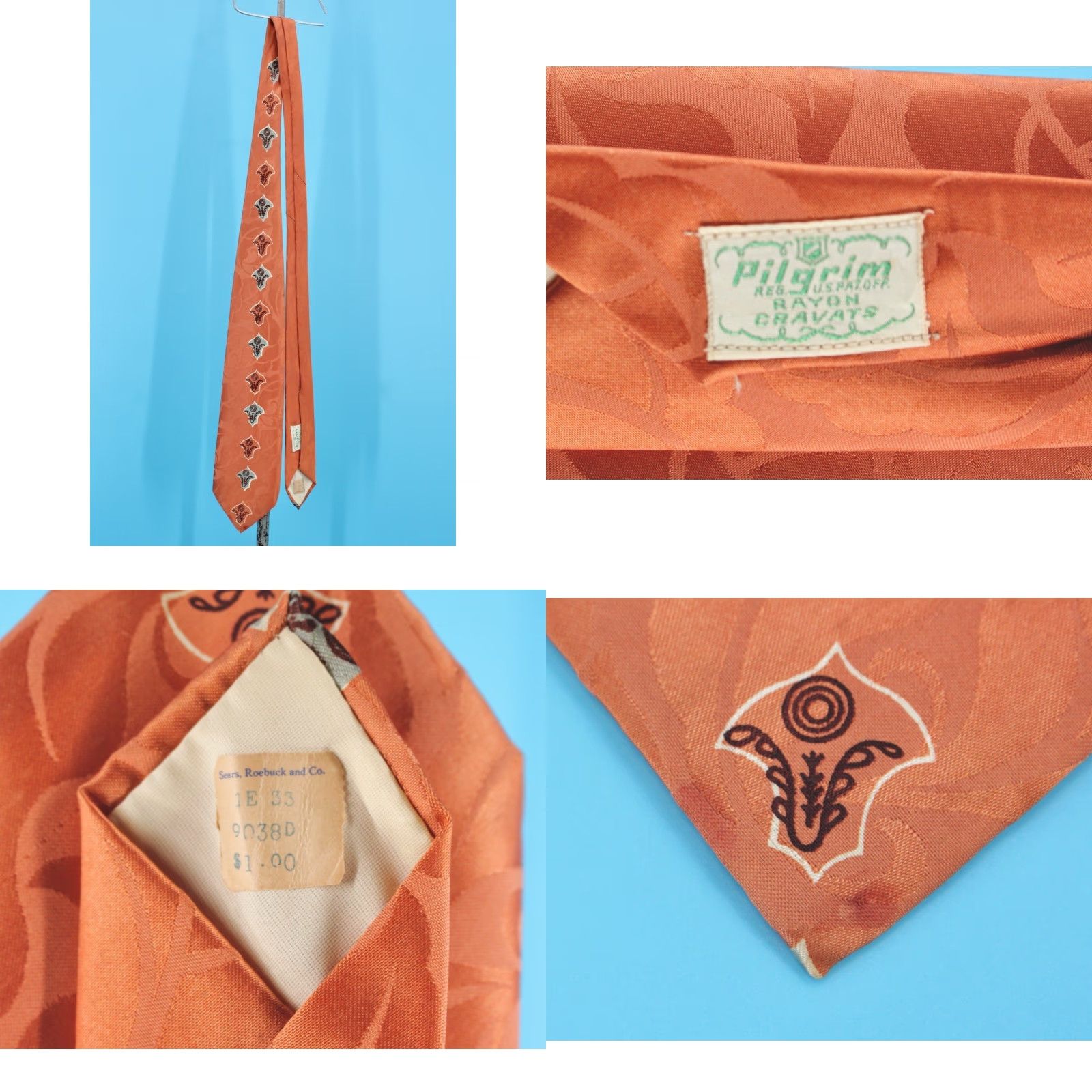 Vintage VTG Pilgrim Necktie 40s Tie Orange Rayon Men Size ONE SIZE - 8 Thumbnail