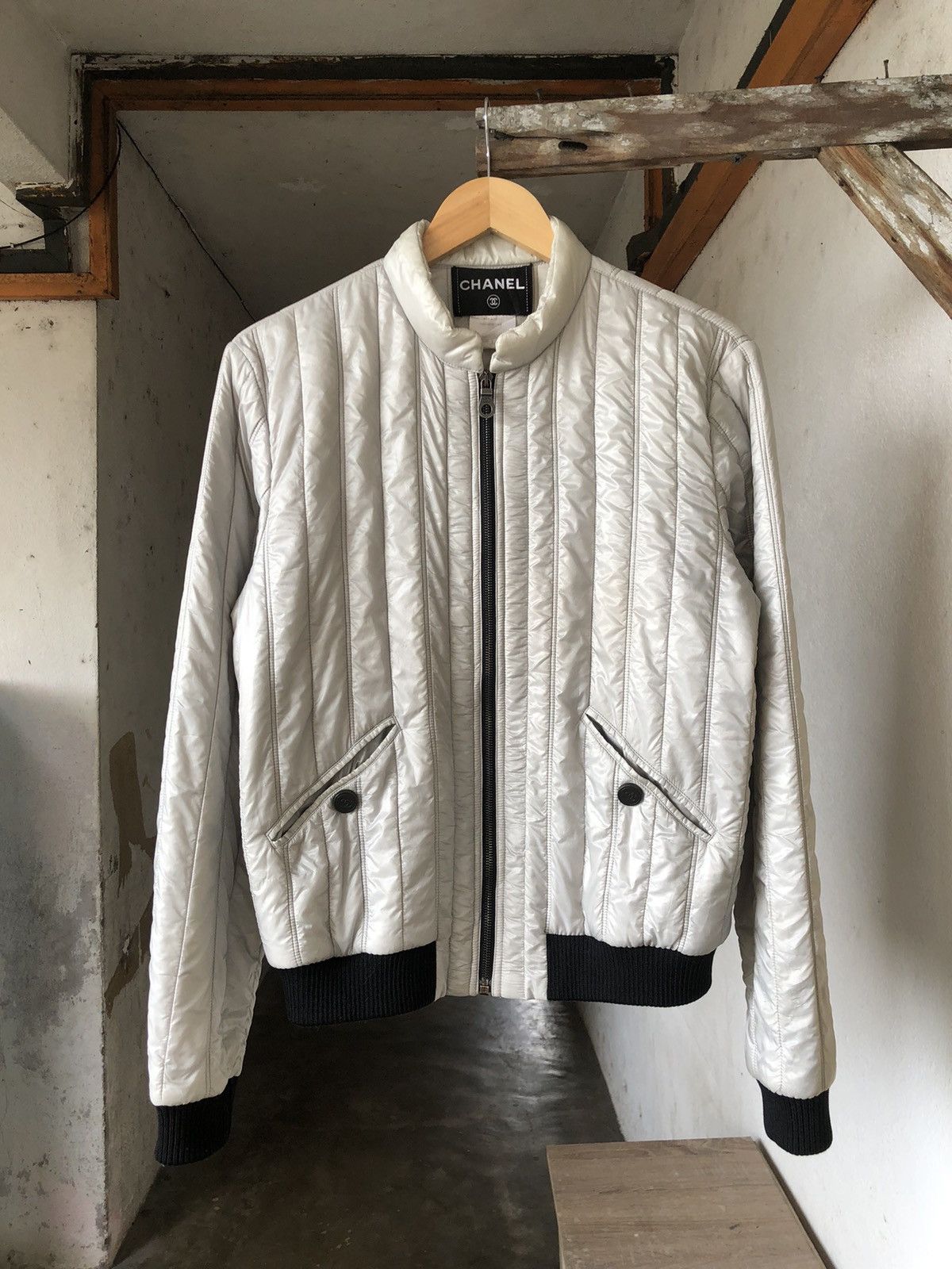 image of Vintage Chanel Light Puffer Bomber Jacket in Silver, Men's (Size XS)