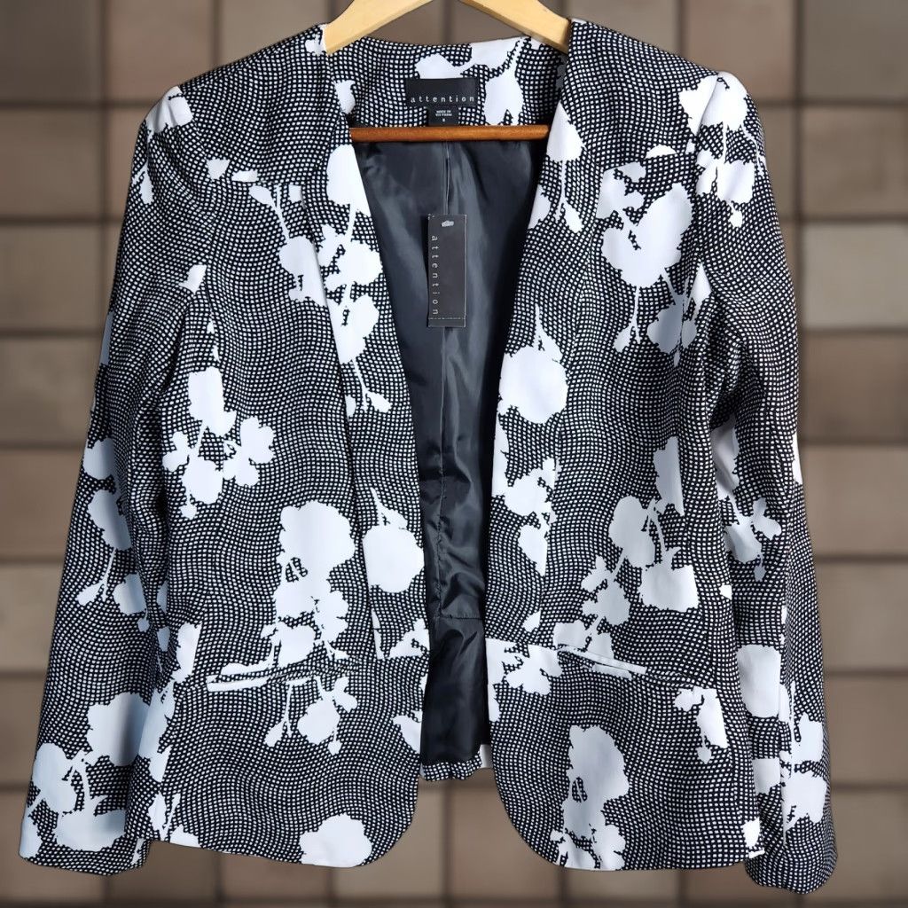 Vintage Attention Womens |8| VTG Black/White Floral Open Front Blazer Jacket (NWT/NOS) Size M / US 6-8 / IT 42-44 - 1 Thumbnail