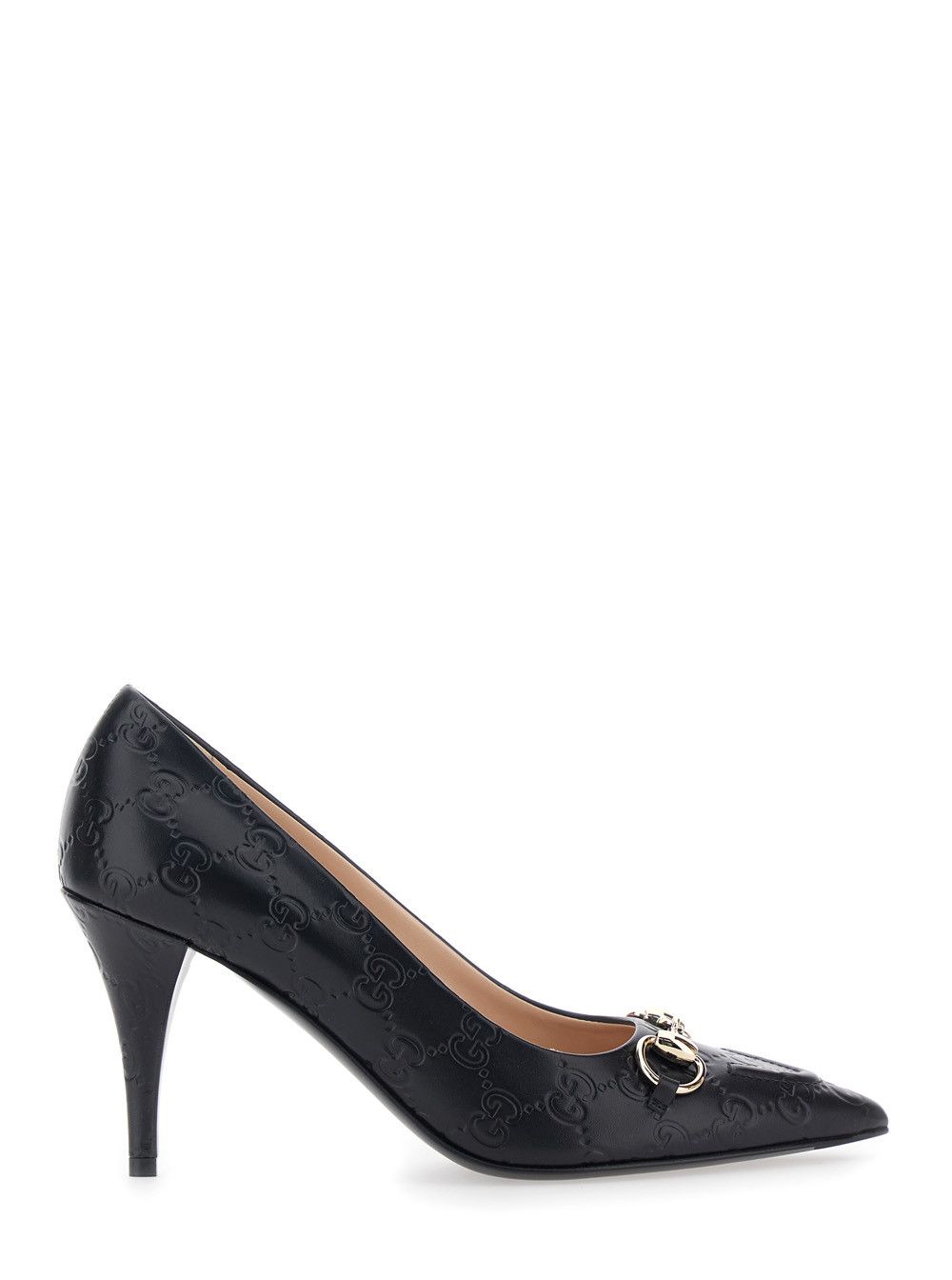 'Erin' Black Pumps with Medium Heel and Horsebit on the Front in GG Leather Woman