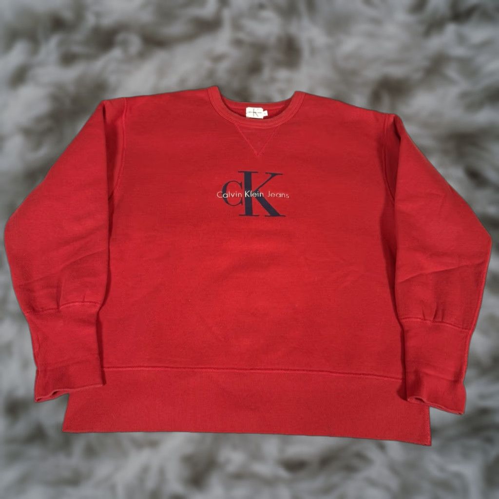 Calvin Klein VINTAGE Calvin Klein Jeans Sweatshirt Mens Large Red 90s Logo Graphic Pullover Crew Neck, Fleece, Cotton-Polyester, Made in USA, Pre-owned Mens L Size US L / EU 52-54 / 3 - 1 Thumbnail
