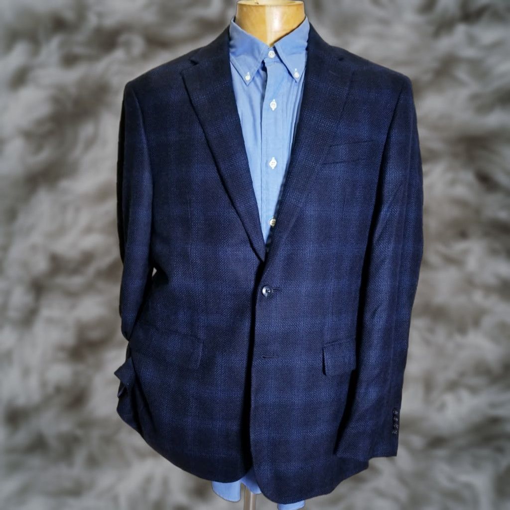 Jos. A. Bank Sport Coat Blue Plaid 42L Wool 2-Button Notch Lapel Long Jacket Blazer Mens Regular Fit Single-Breasted Double-Vented
