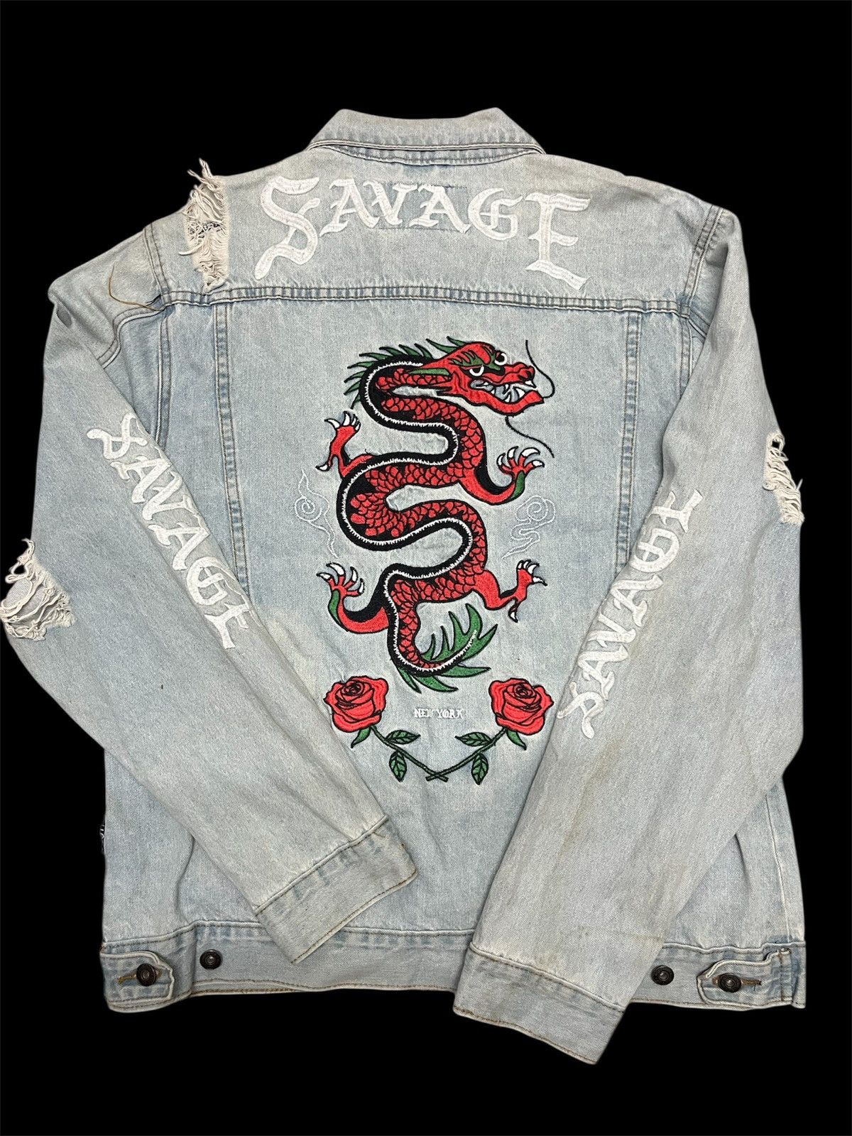 Brooklyn Clothing 💥BRKLYN CLOTH Dragon And Roses Embroidery Distressed Trucker Size US XL / EU 56 / 4 - 1 Thumbnail