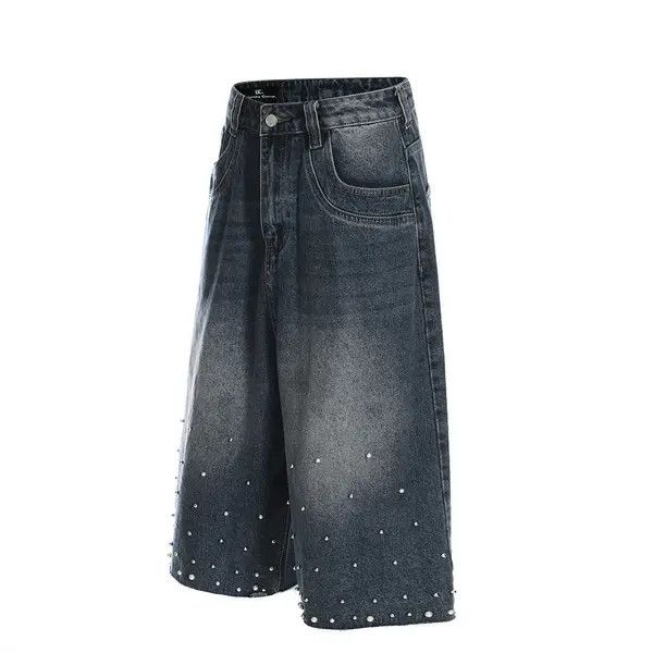 Japanese Brand VIBE Loose men's distressed beaded washed denim shorts y2k Size US 32 / EU 48 - 2 Thumbnail