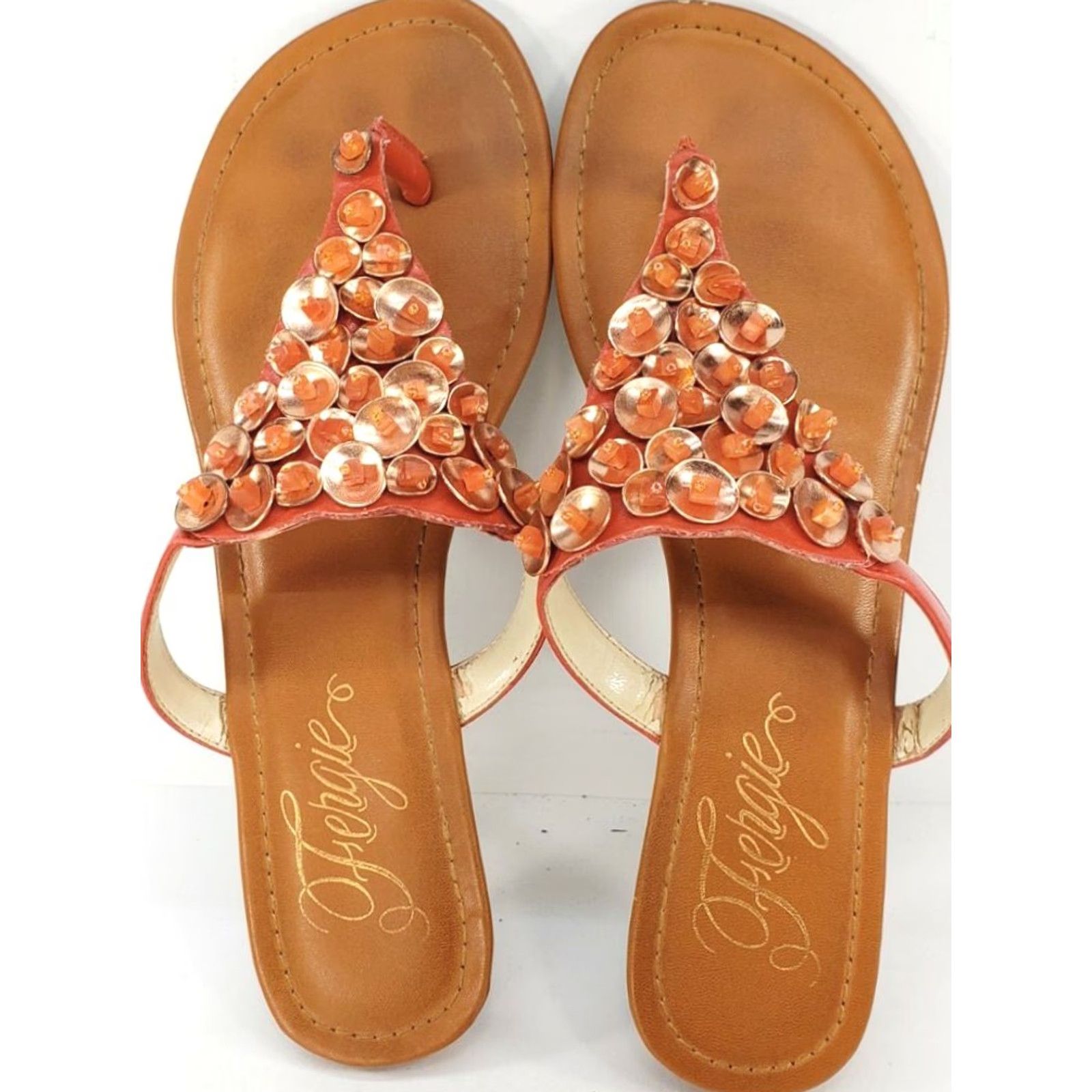 Vintage Fergie Tarca Women’s Thong Flat Sandals Size 7.5M Orange with Shell Bead Bling! Size US 6 / IT 36 - 6 Thumbnail
