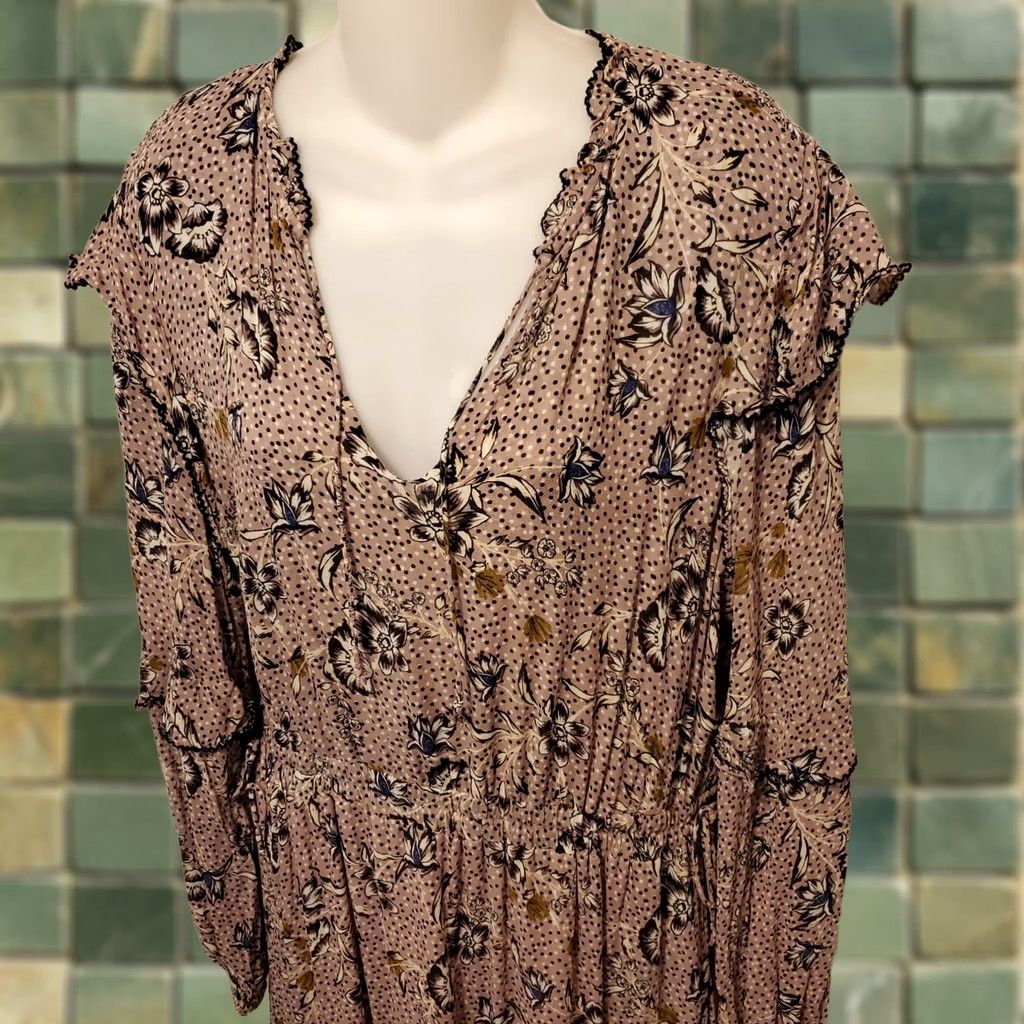 Anthropologie Dolan Anthropologie Maxi Dress Floral Tiered Ruffle Lace-Trim Beige Long Sleeve Boho L Large Womens Size L / US 10 / IT 46 - 1 Thumbnail