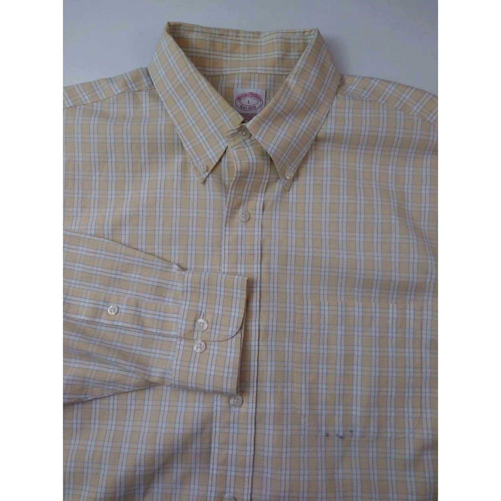 Brooks Brothers Brooks Brothers Dress Shirt Men L Traditional Non Iron Yellow Blue Check Plaid Button-Down Cuff Regular 100% Cotton Size 42R - 2 Thumbnail