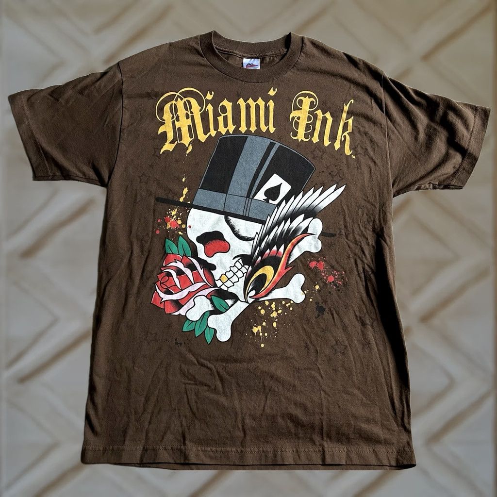 Vintage VINTAGE Miami Ink T-Shirt Graphic Print Skull Grunge Gothic Y2K Brown 2000s Size L Mens Size US L / EU 52-54 / 3 - 1 Thumbnail