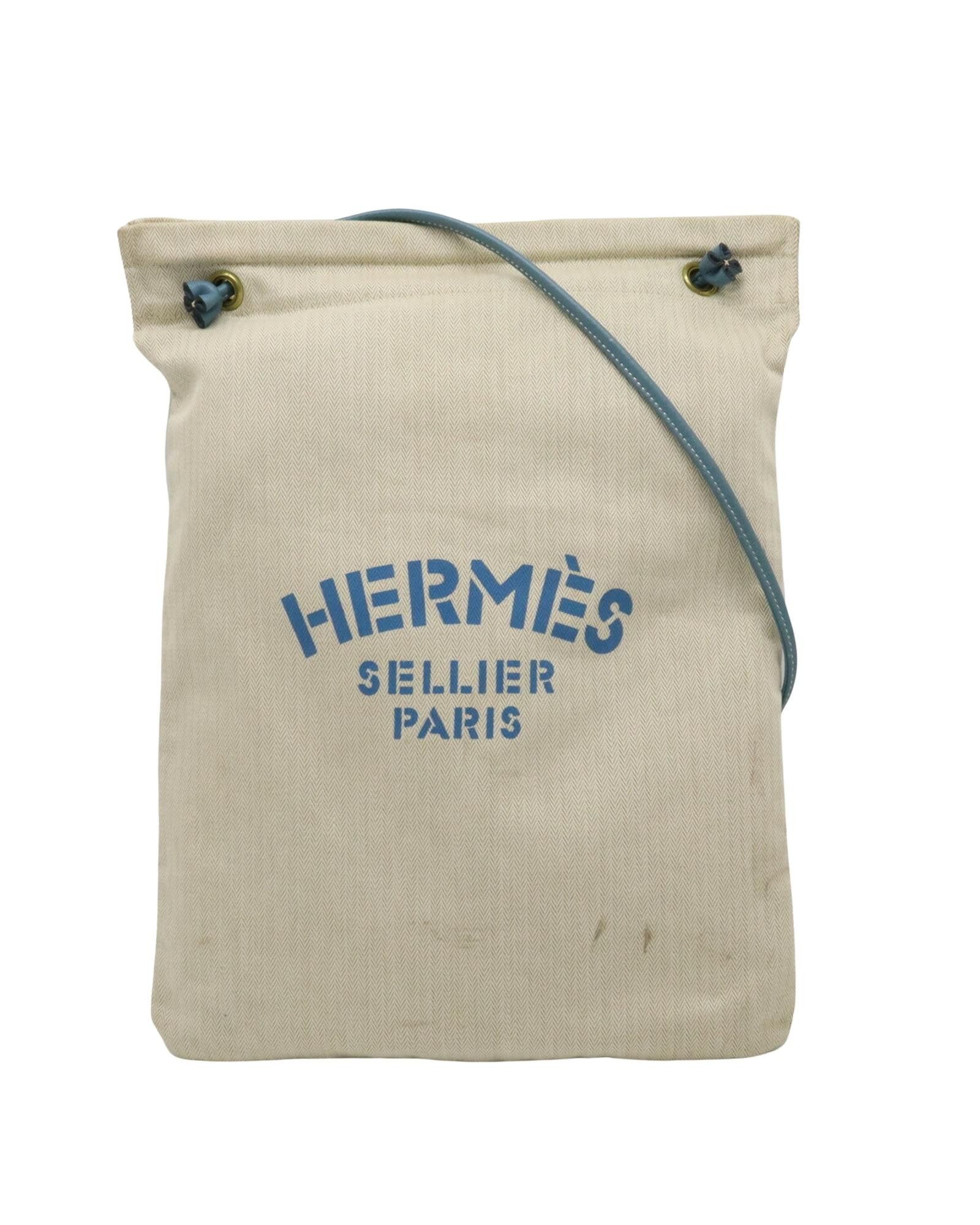 image of Hermes Herringbone Canvas Shoulder Bag in White, Women's