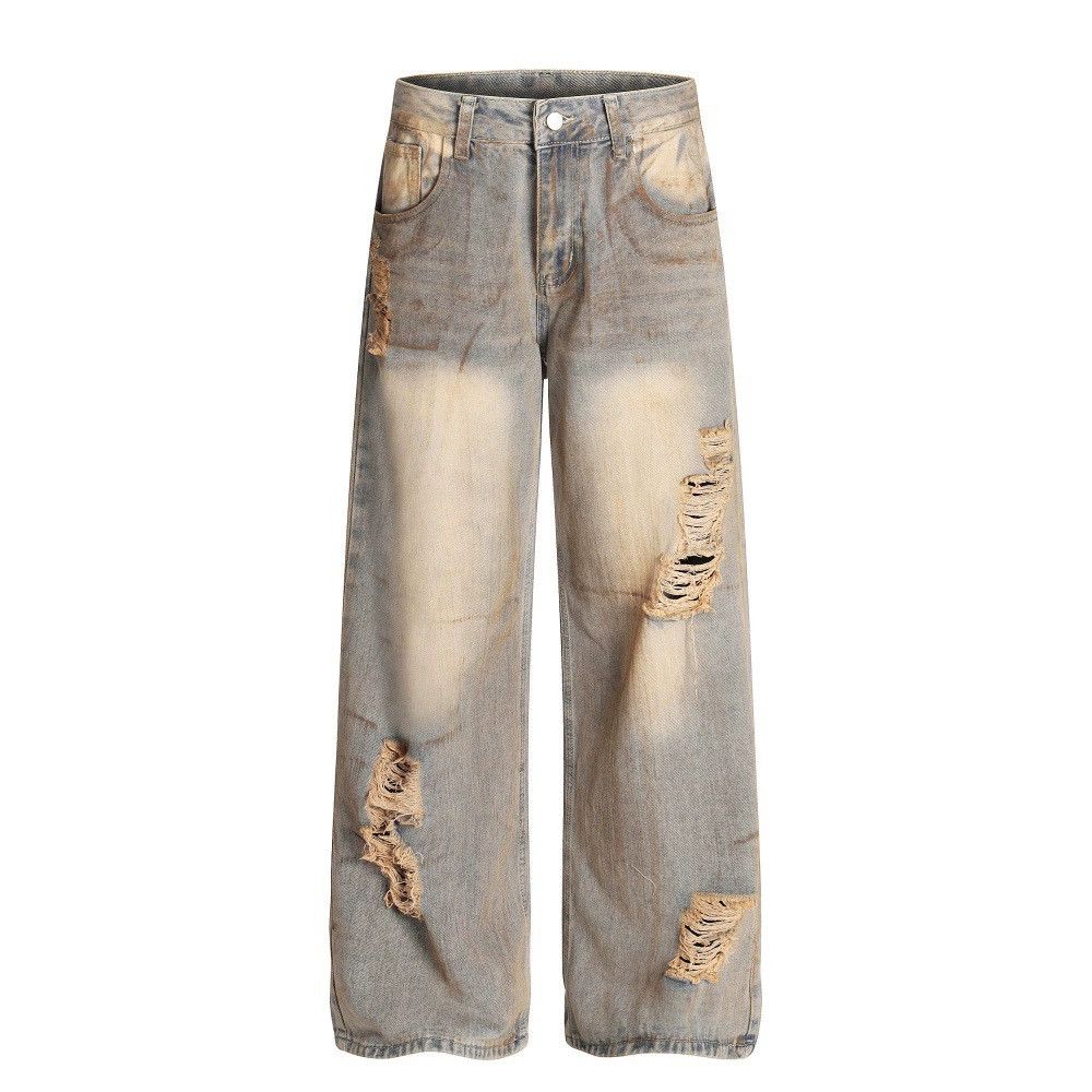Heavy-duty distressed men's loose washed dirty ripped jeans