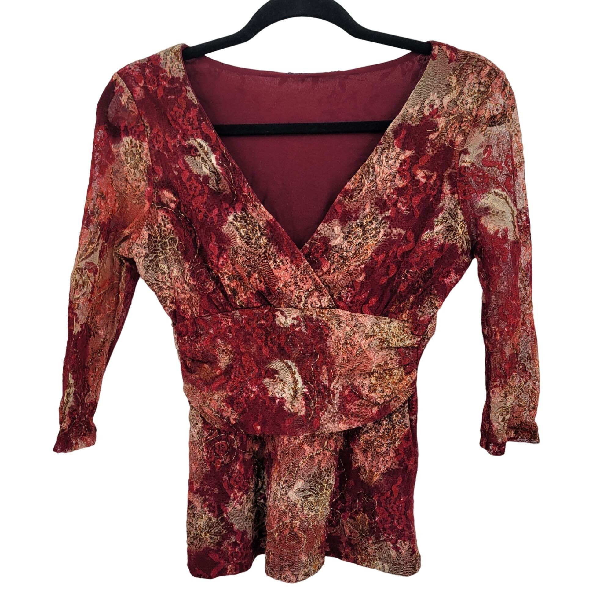 Vintage Lace Blouse Top M Red Floral Sheer Sleeve Mock Wrap