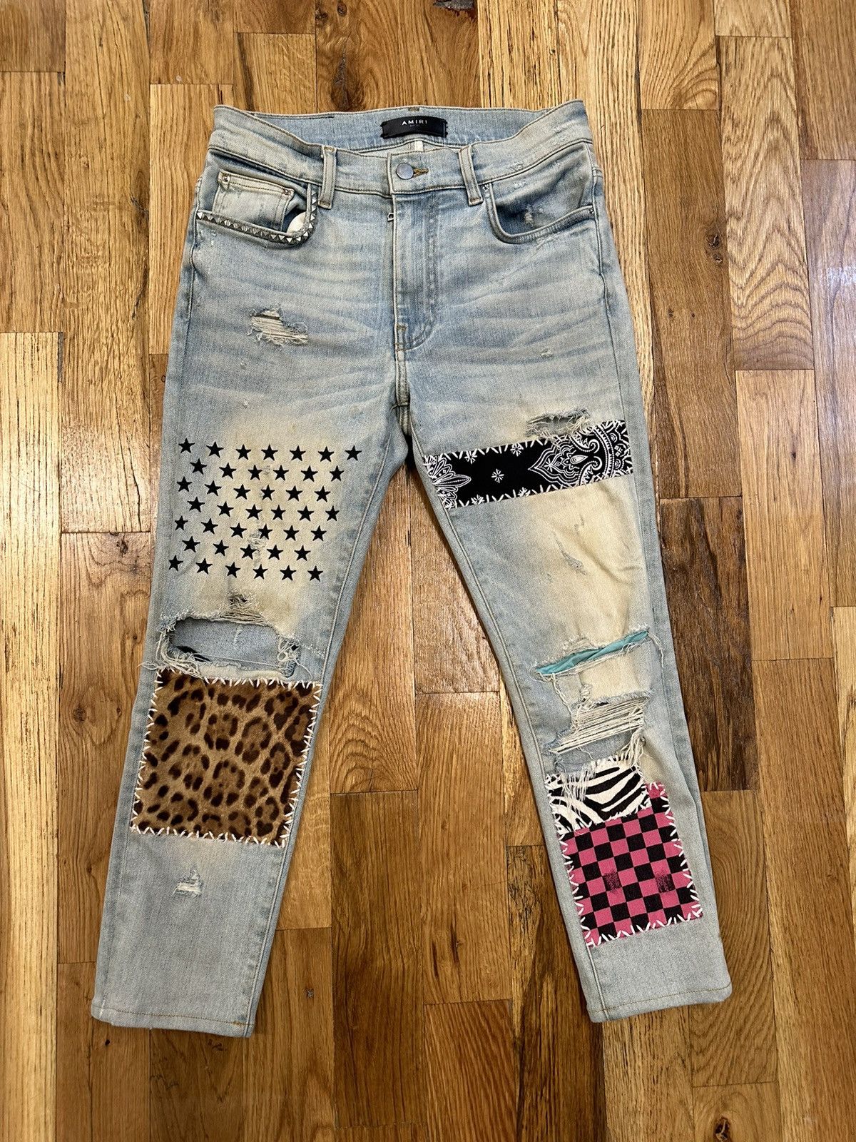 image of Amiri Stars Patches Blue Denim Cropped Jeans Size 30, Men's