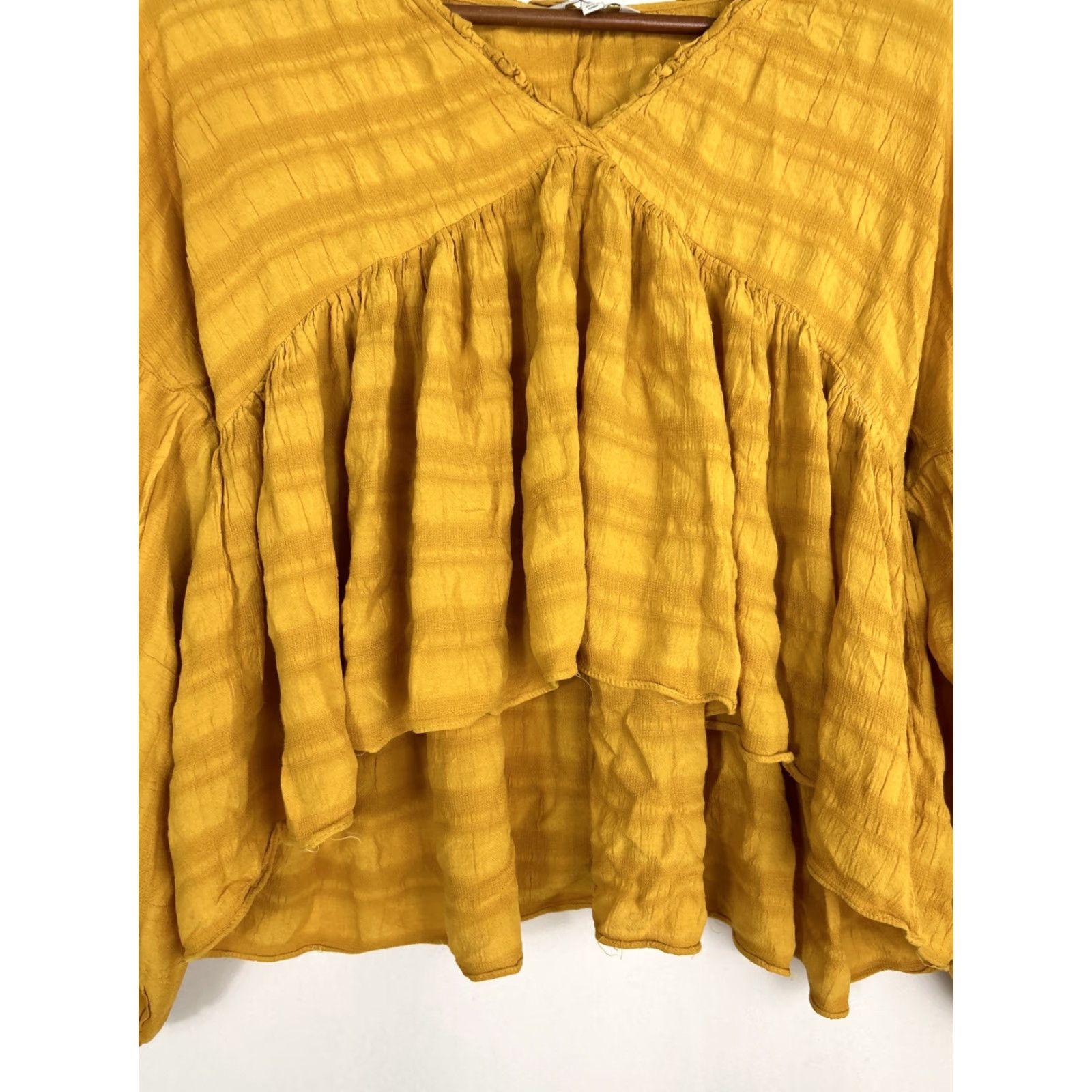 Lucky Brand LUCKY BRAND Blouse Shirt Women Adult Small Mustard V-neck Long Sleeve Romantic Ruffle Peasant Bohemian Oversized Breathable Viscose Pattern: Solid Size S / US 4 / IT 40 - 4 Thumbnail