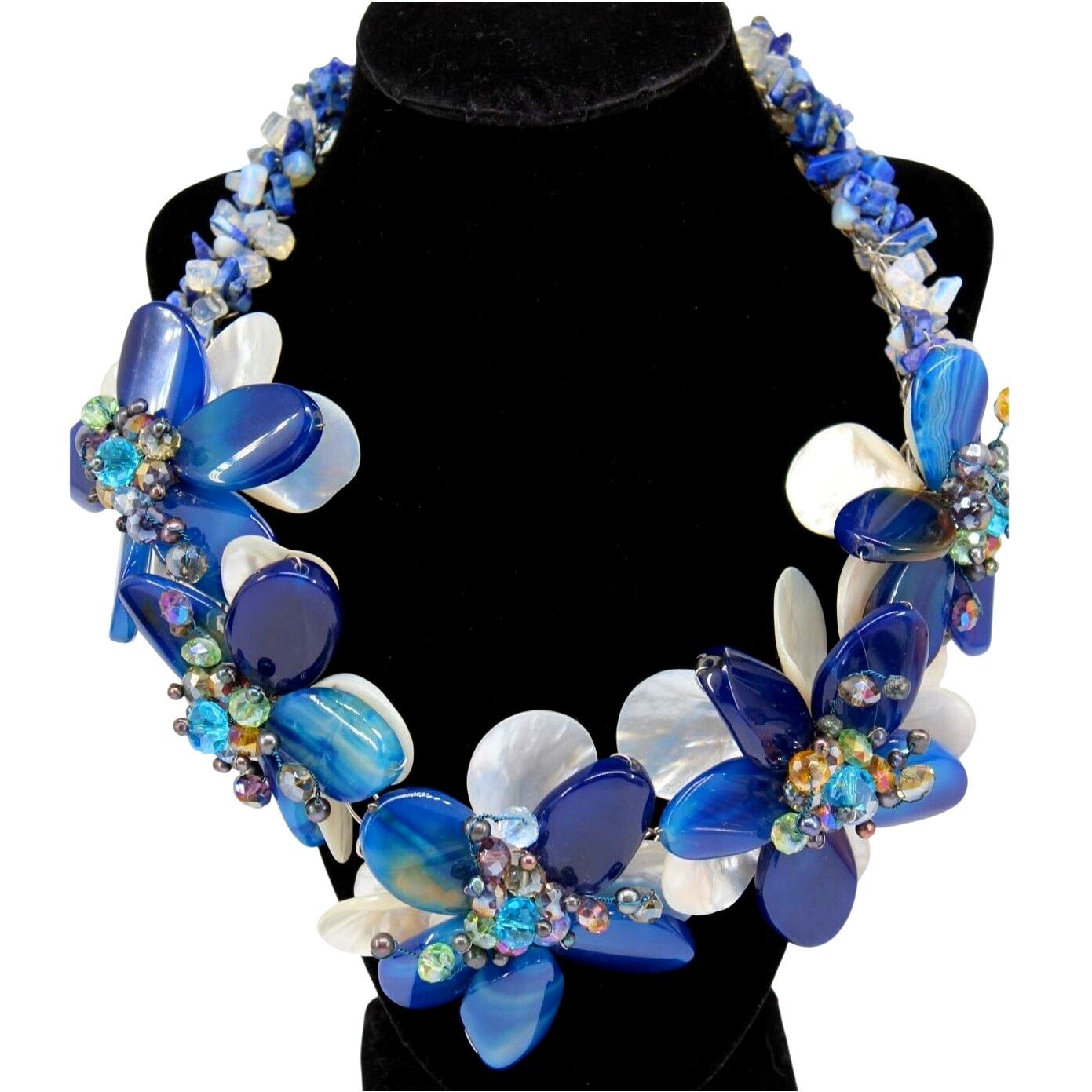 Big 3 Flower Necklace Blue Glass Pearl Crystal Lapis