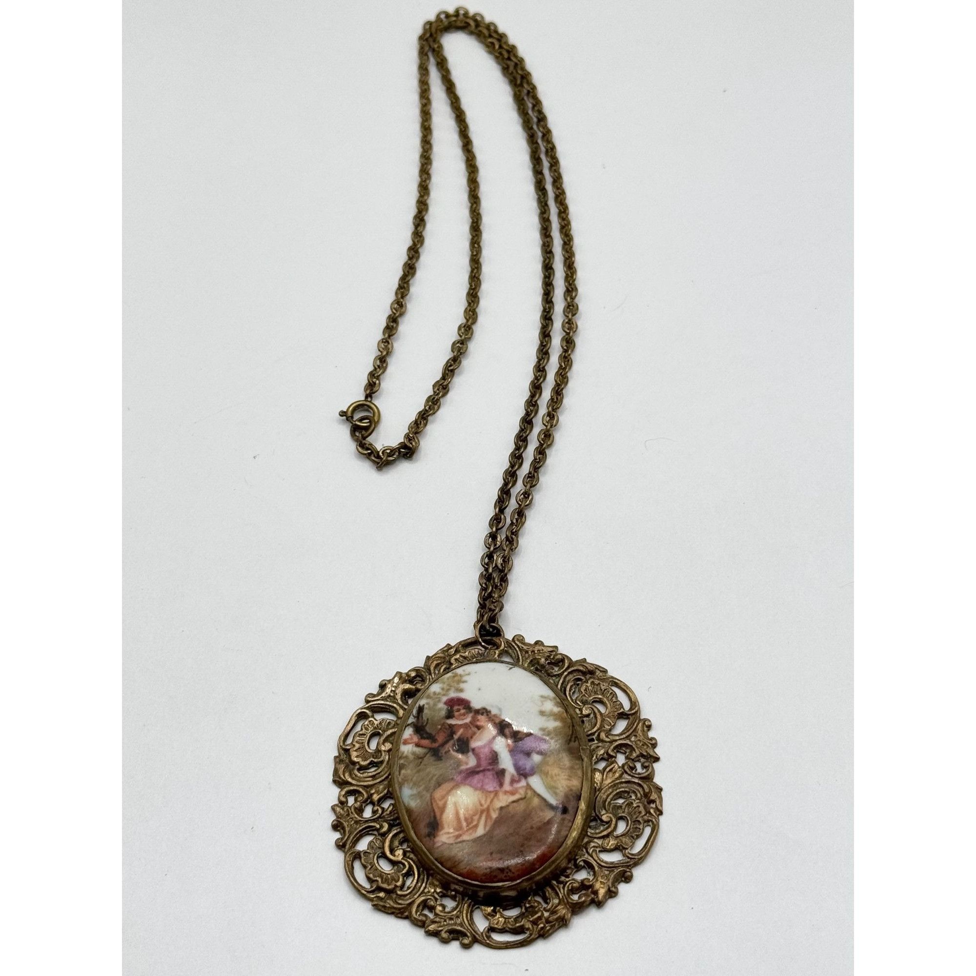 Antique old Victorian Courting Couple bezel set porcelain br