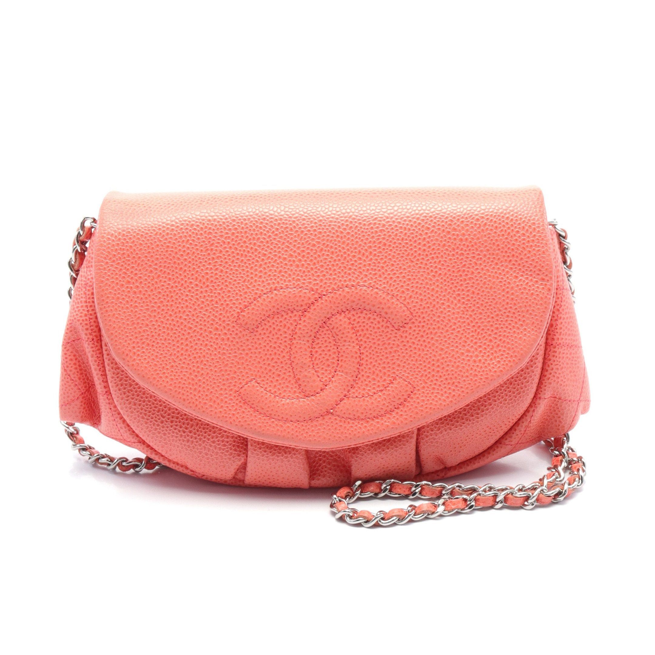 image of Chanel Half Moon Coco Mark Chain Wallet Caviar Skin Coral Pink Silver Hardware, Women's