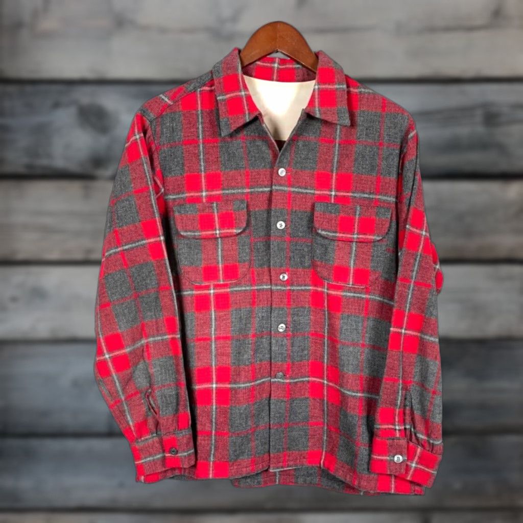 Vintage VINTAGE 70s Wool Flannel Shirt Men M Red Gray Plaid Loop Collar Pockets Button-Up, Old School, Casual Workwear Size US M / EU 48-50 / 2 - 1 Thumbnail
