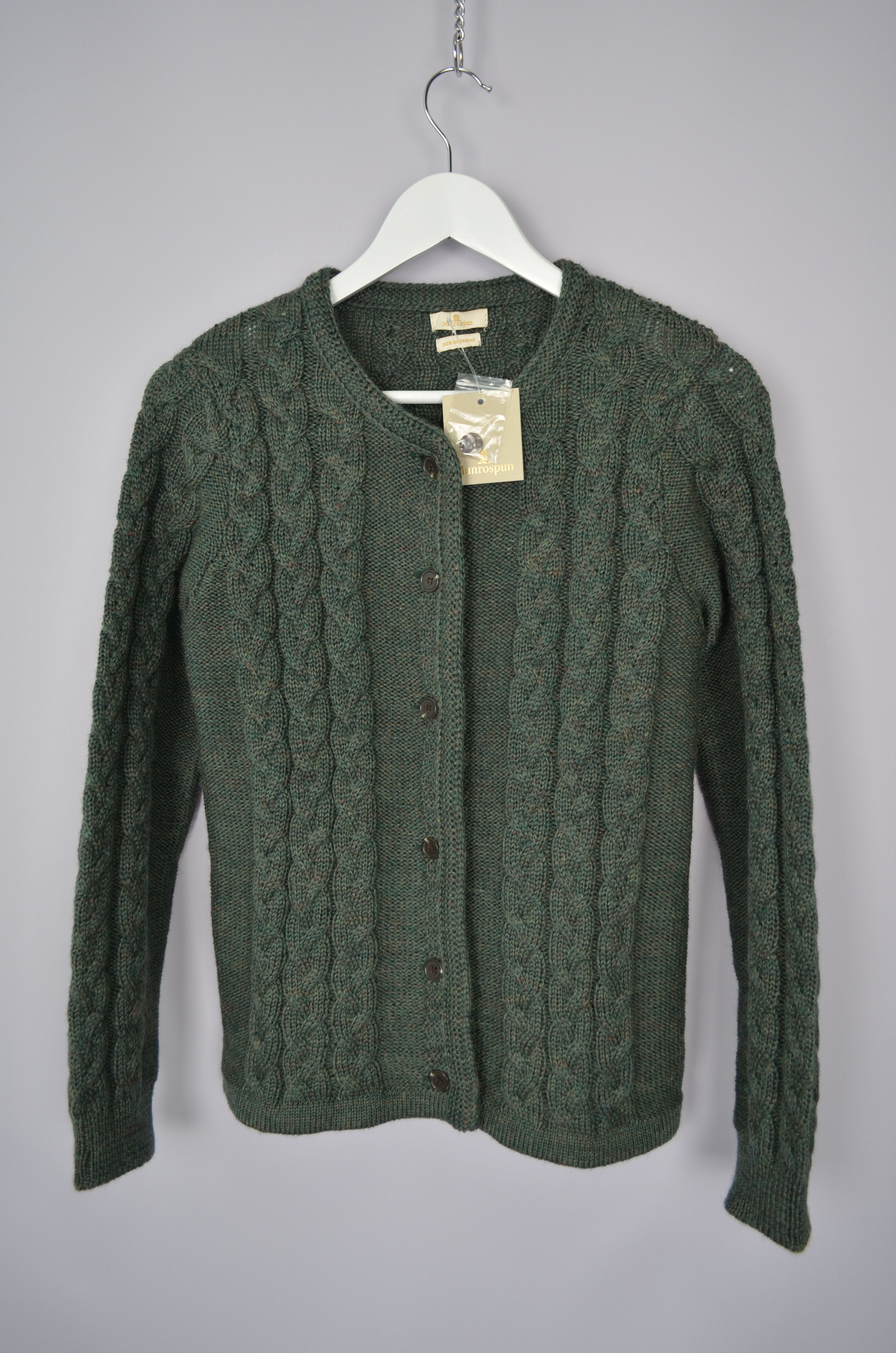 Designer Munrospun Cableknit Cardigan Size S Moss Green Pure New Wool Size S / US 4 / IT 40 - 10 Thumbnail