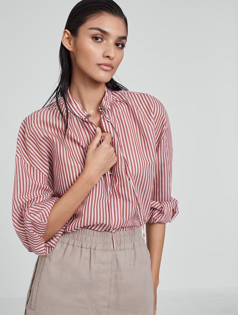 Brunello Cucinelli o1y0725 Striped Shirt in Red/White Size M / US 6-8 / IT 42-44 - 3 Thumbnail