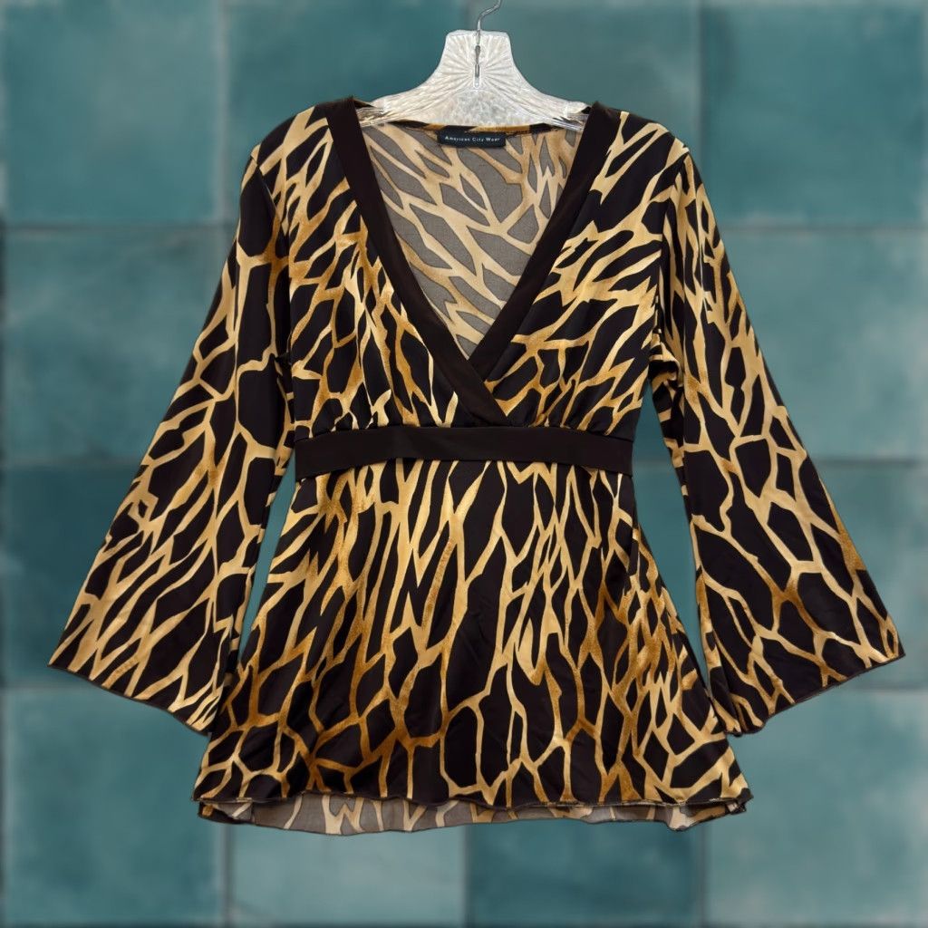 Vintage VINTAGE Y2K Top Shirt Brown M Boho Giraffe Animal Print McBling Slinky Stretch Womens M/L Size M / US 6-8 / IT 42-44 - 1 Thumbnail