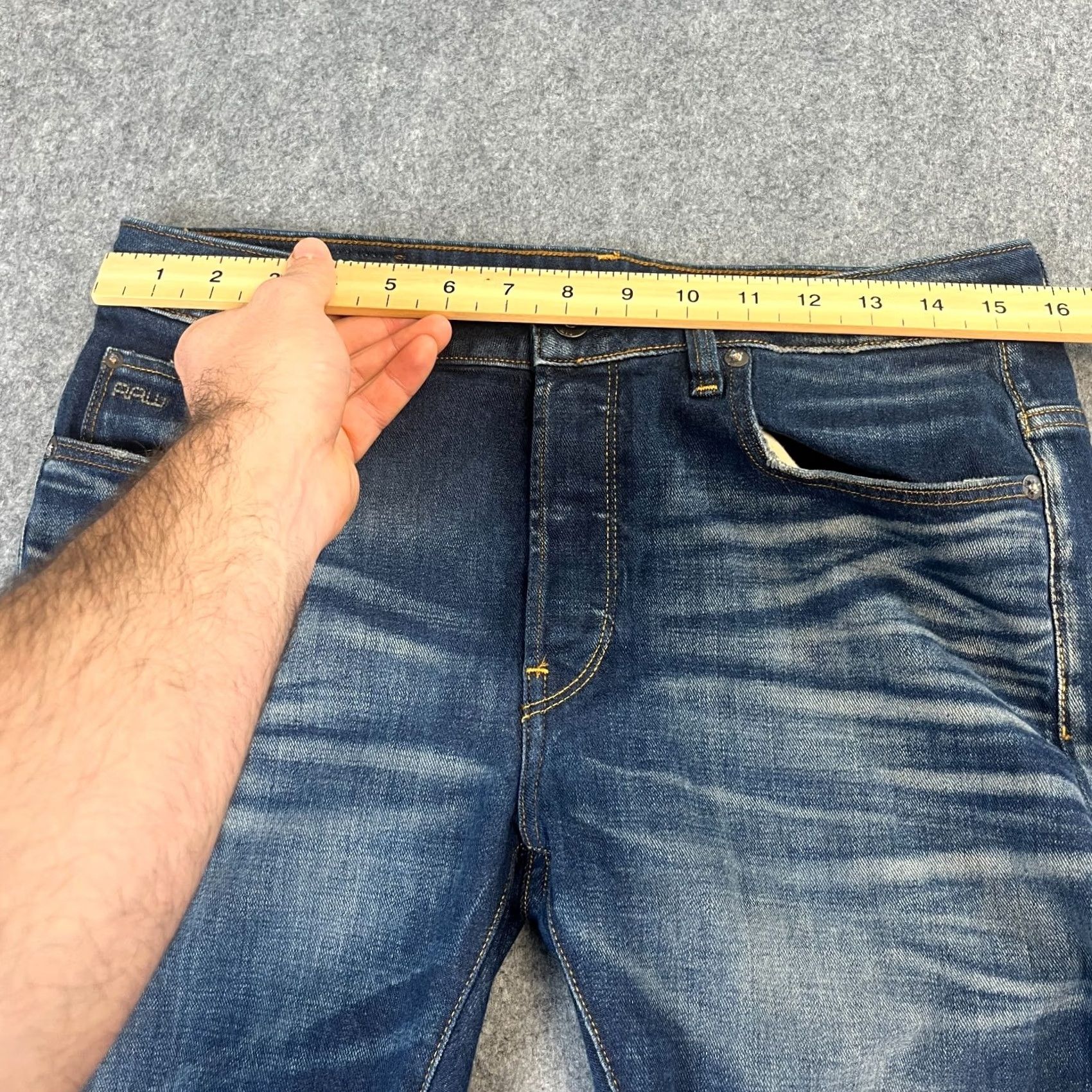 G-Star G Star 3301 Slim Jeans Mens 32 Dark Wash Blue Whiskers Stretch Denim 5-Pocket Size US 32 / EU 48 - 6 Thumbnail