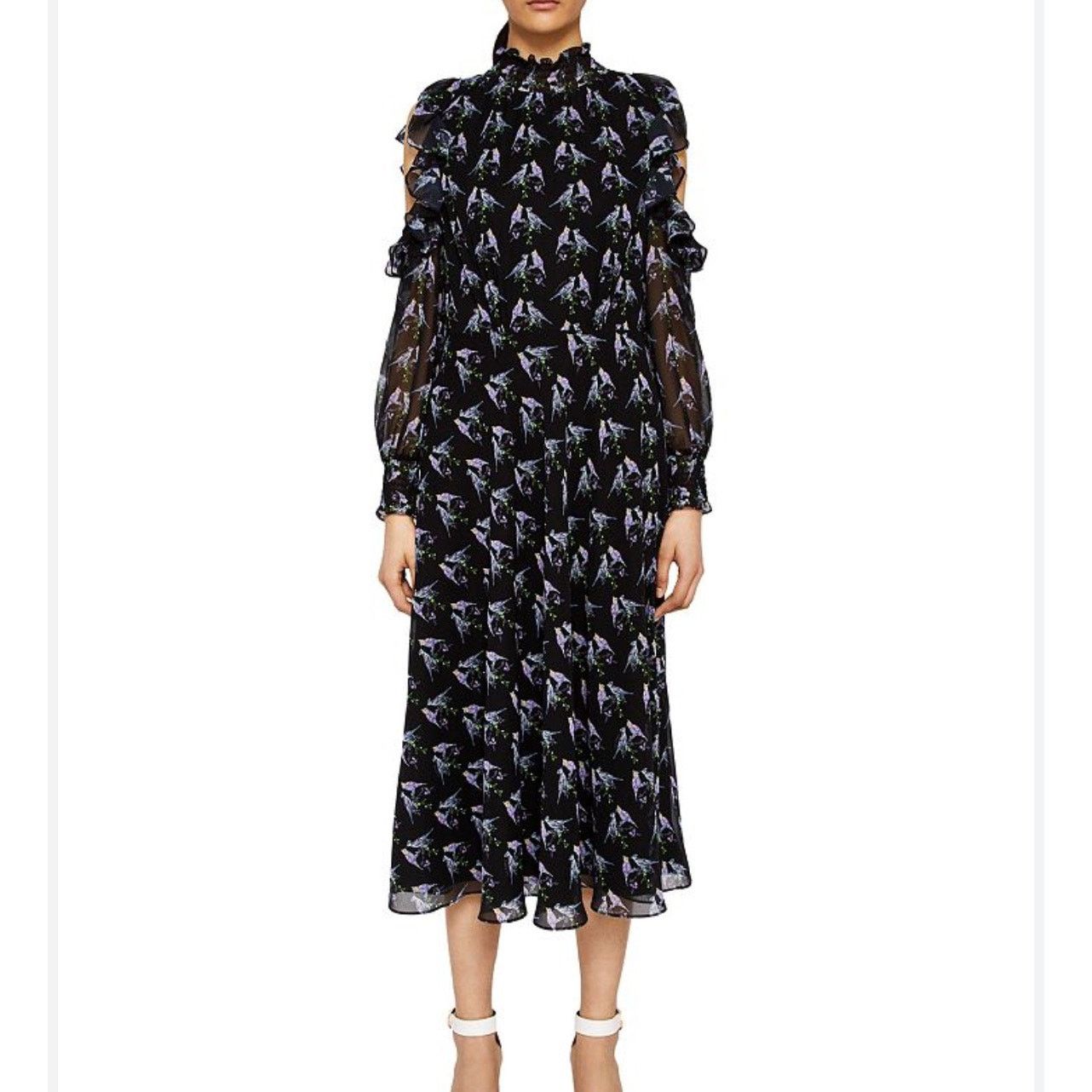 Ted Baker Ted Baker Hilaina Love Birds Black Cold-Shoulder Midi Dress Size M / US 6-8 / IT 42-44 - 1 Thumbnail