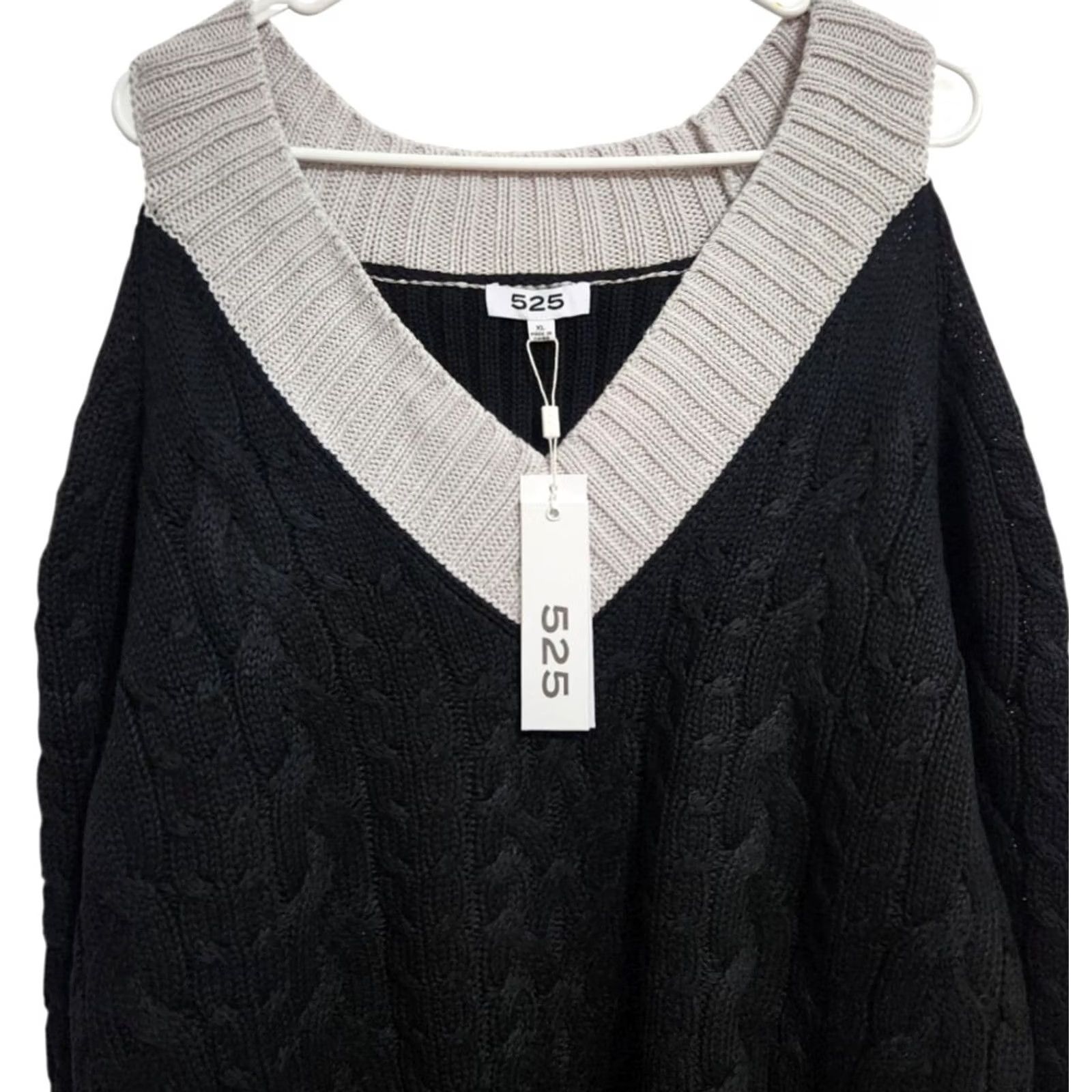 Vintage 525 America Womens XL Cable Knit Cold Shoulder Sweater Long Sleeve Black Size XL / US 12-14 / IT 48-50 - 3 Thumbnail