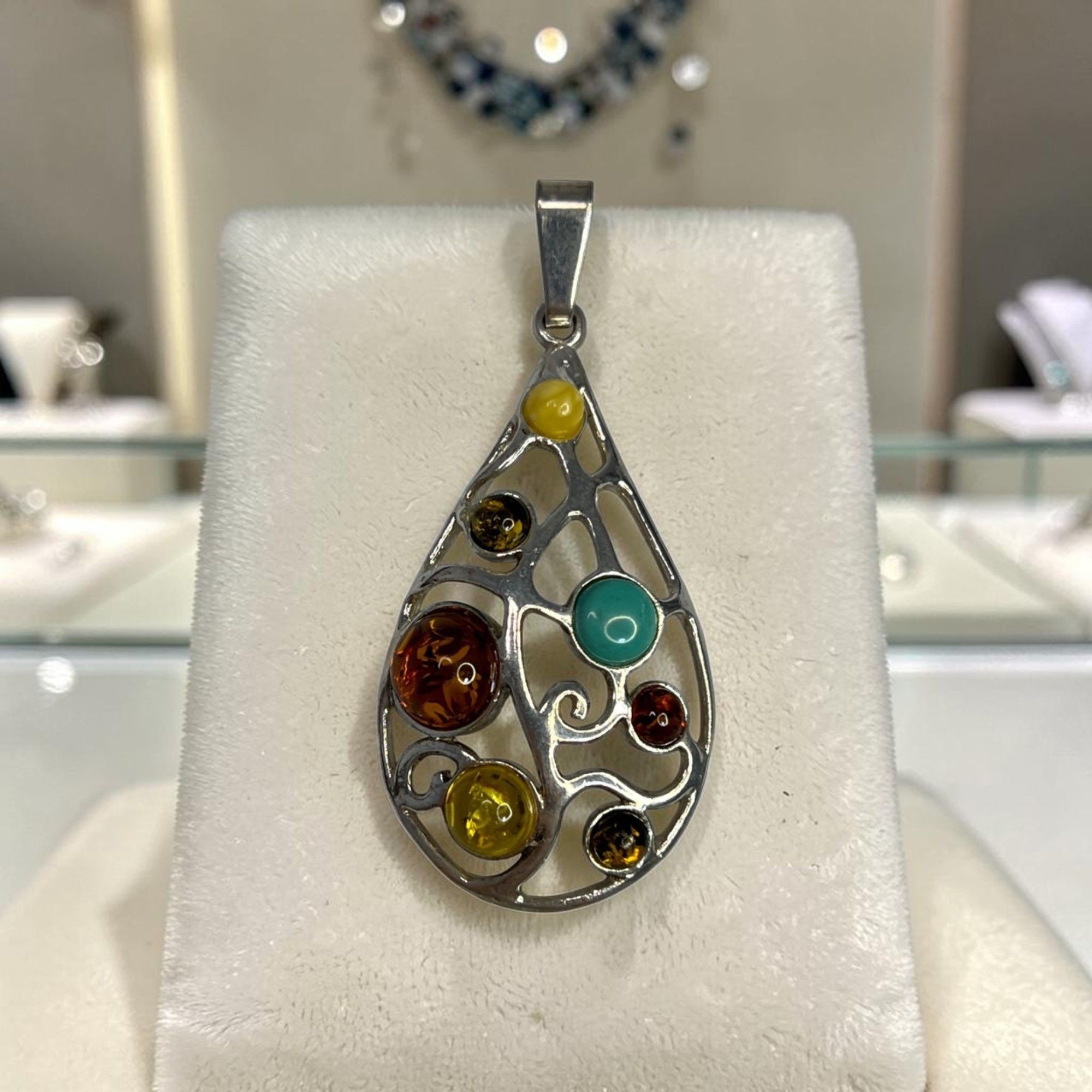 Other Teardrop Sterling Silver Pendant W/ Multi-Color Amber Stones Size ONE SIZE - 1 Thumbnail