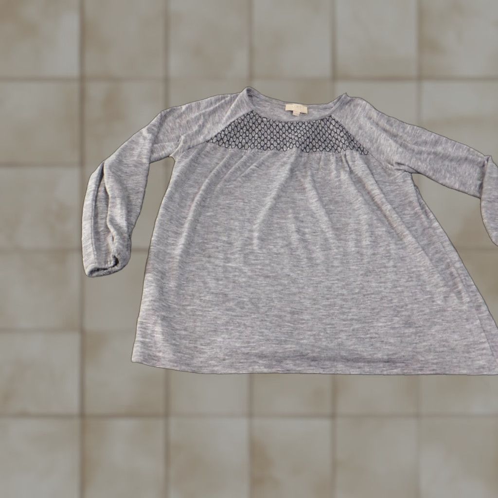 Ann Taylor Ann Taylor Loft Blouse Shirt Petite PS Womens Gray Polyester Spandex Lace Round Neck Long Sleeve Pullover Casual Basic Stretch Modern Classic Shirt Size S / US 4 / IT 40 - 1 Thumbnail