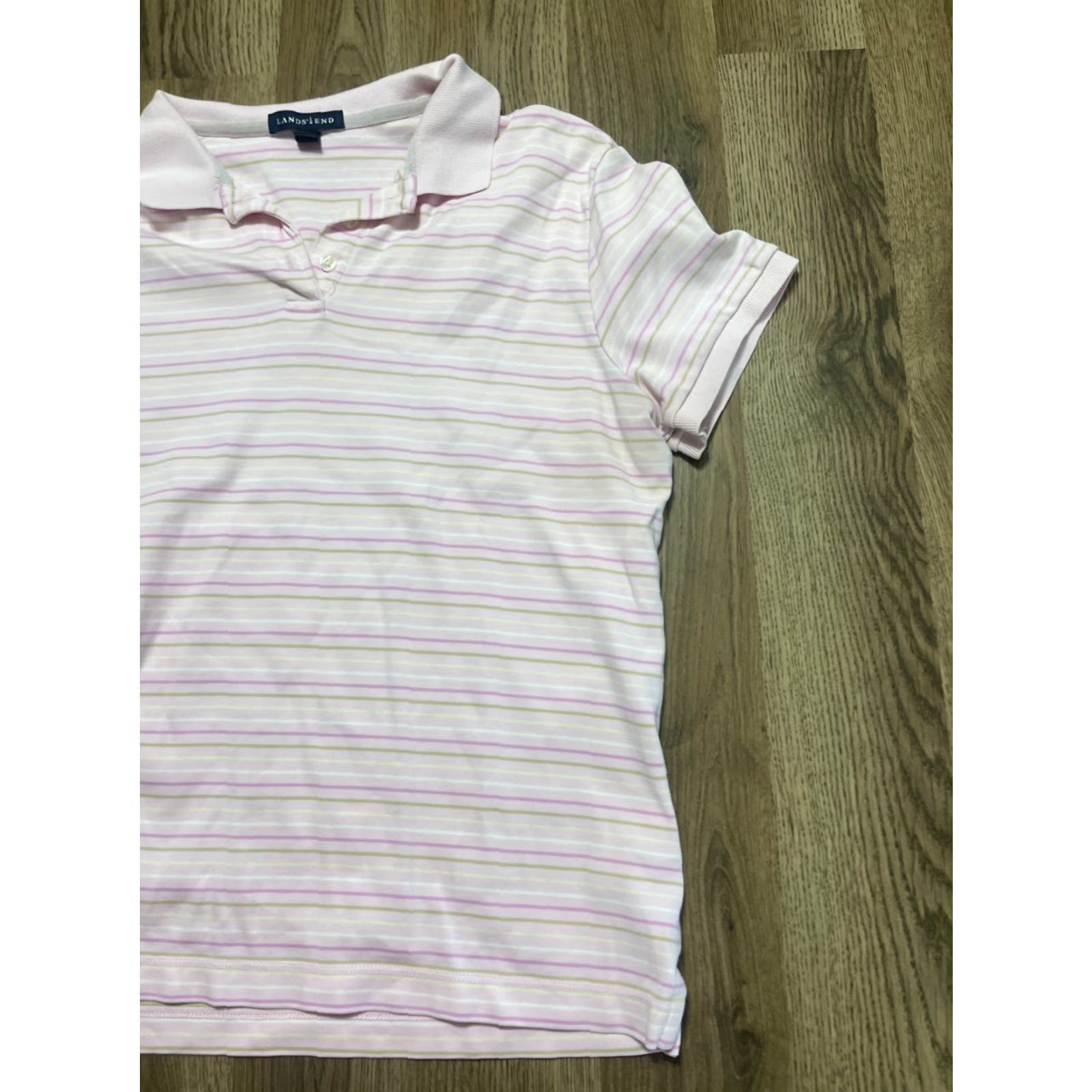 Lands' End Lands' End Shirt Polo Short Sleeve Womens Medium Yellow Pink Green White Button Collared Casual Modern Lightweight Regular Size M / US 6-8 / IT 42-44 - 4 Thumbnail