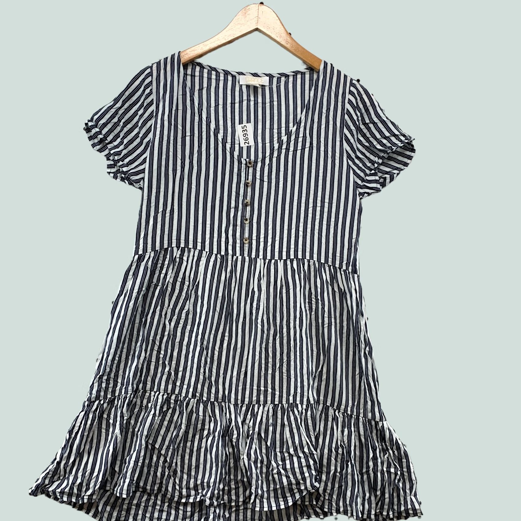 Vintage Chance Dress Womens Medium Blue V Neck Tiered Ruffle Short Sleeve Stripe Size 32" / US 10 / IT 46 - 1 Thumbnail