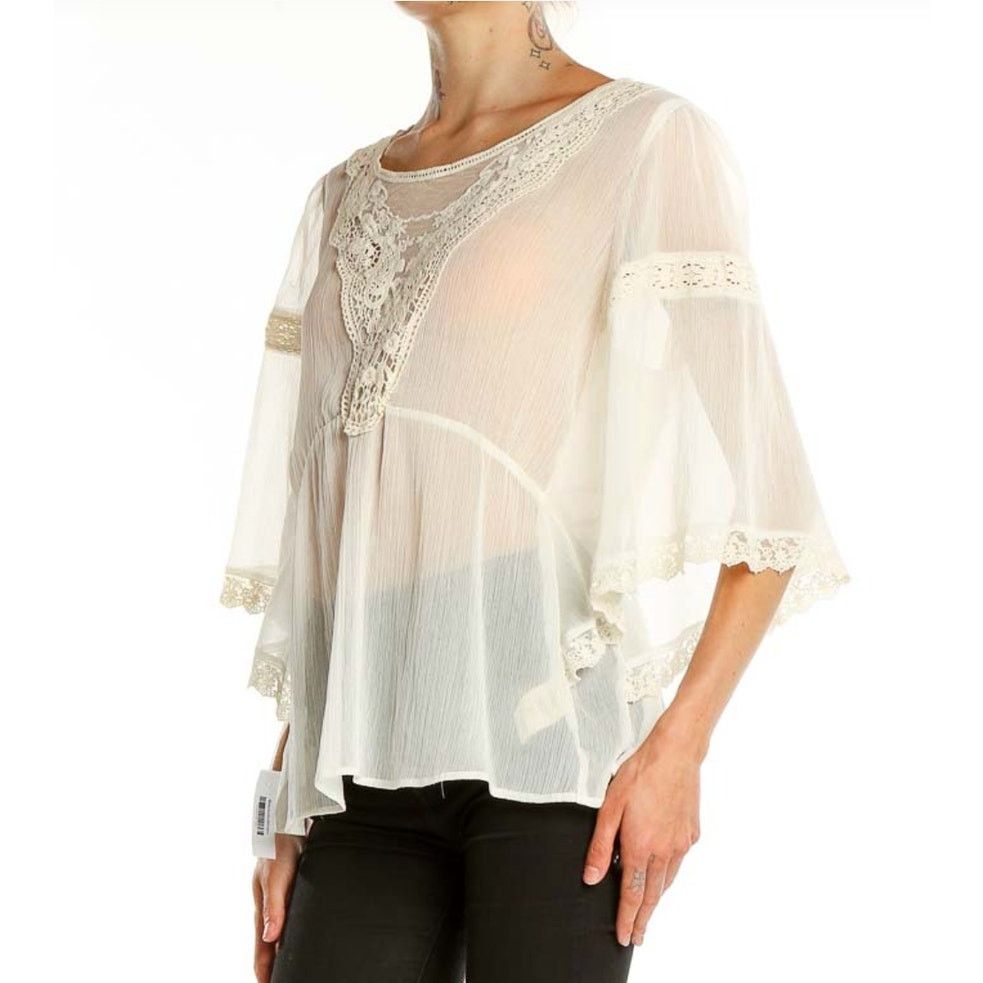 Free People FREE PEOPLE Women's Beige Gypsy White Lace Trim Blouse Sz XS Size XS / US 0-2 / IT 36-38 - 1 Thumbnail