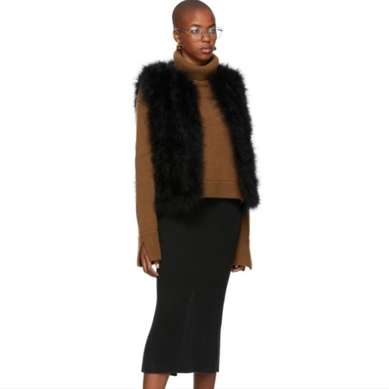 Yves Salomon Black Feathers & Silk Sleeveless Vest Size 42