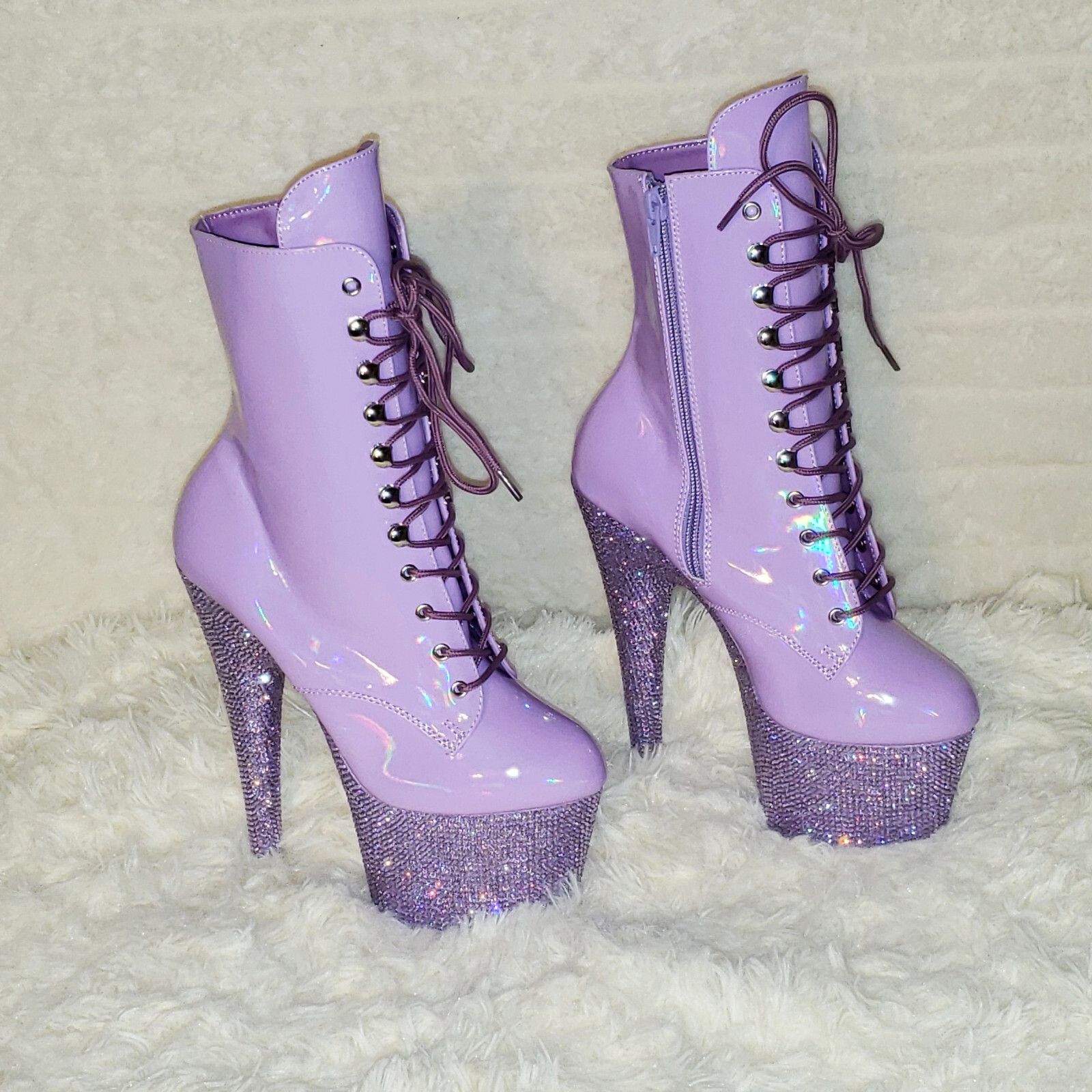 Other Bejeweled Lilac Rhinestone Platform Lace Up Ankle Boots 7" H Size US 8 / IT 38 - 8 Thumbnail