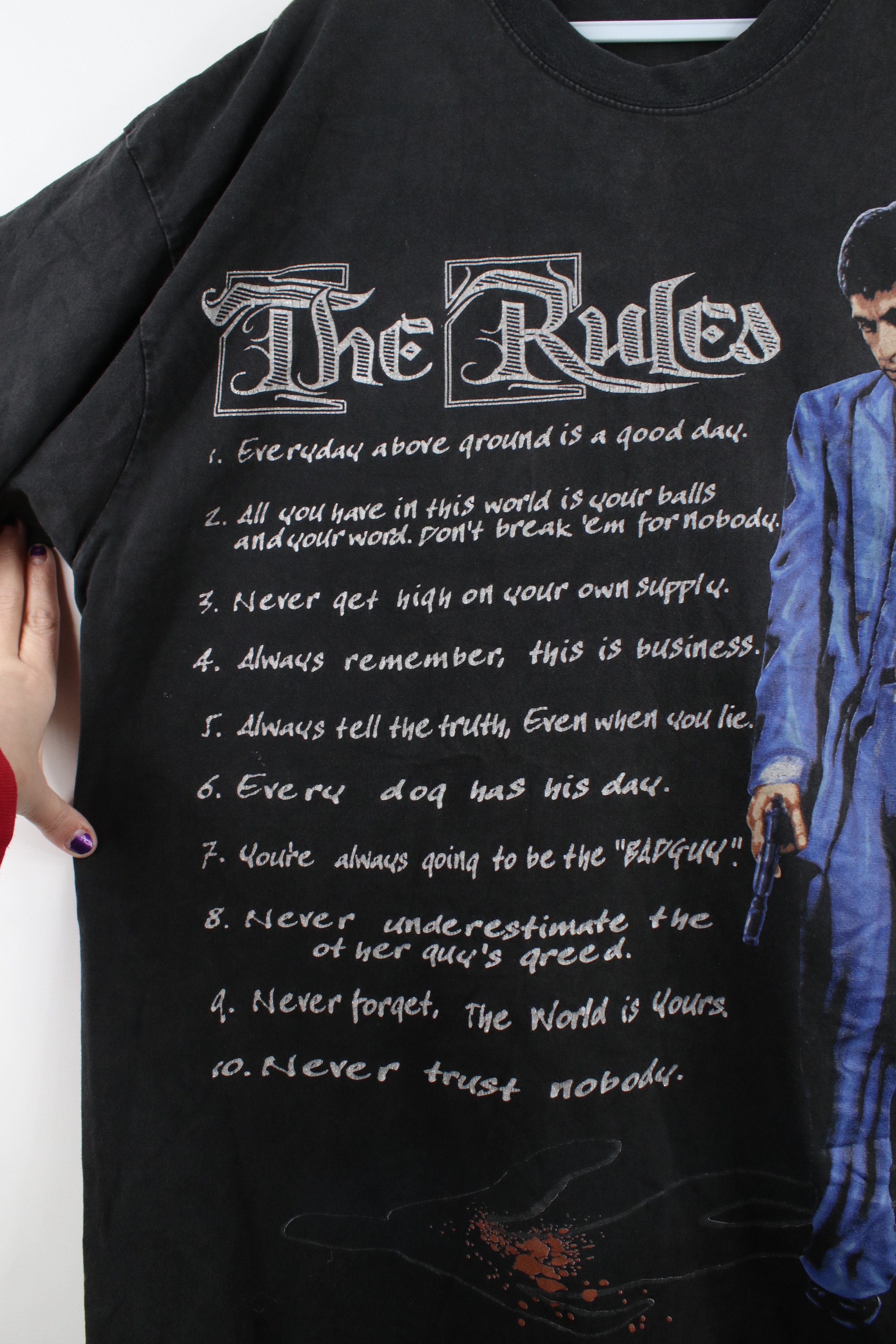 Vintage Vintage Scar Face Fit Tony Montana The Rules T-Shirt Black Size US XXL / EU 58 / 5 - 5 Thumbnail