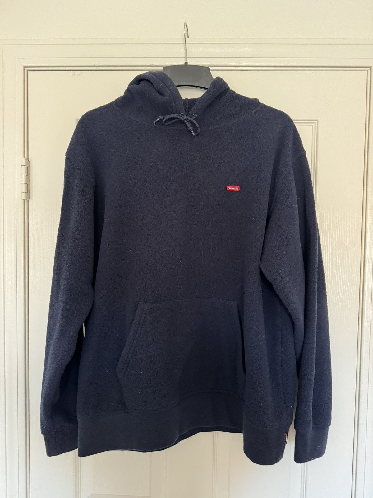 image of Supreme Polartec Small Box Logo Hoodie in Navy, Men's (Size XL)