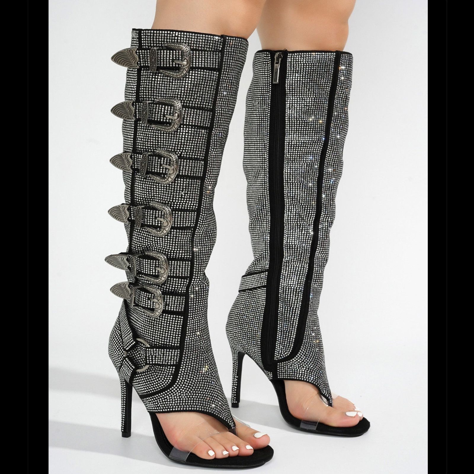 Other Motor City Black Silver Rhinestone Stiletto Heel Knee Boots Size US 6.5 / IT 36.5 - 4 Thumbnail