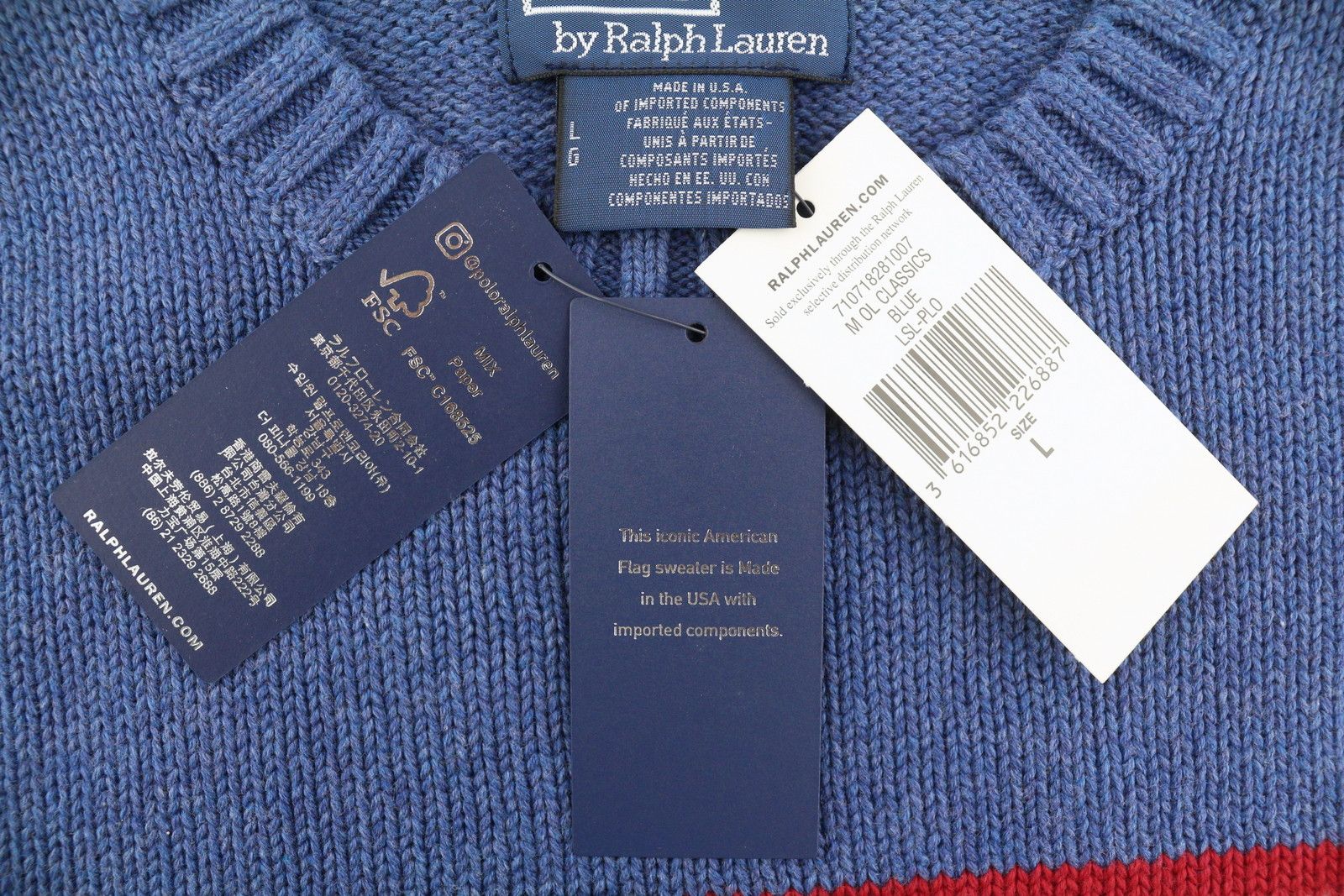 Ralph Lauren BLUE L Cotton USA Flag Pullover 86950 Size US L / EU 52-54 / 3 - 10 Thumbnail